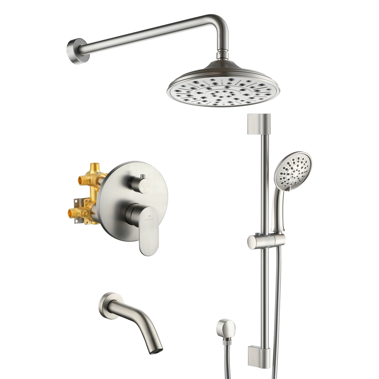 Mondawe Retro Series 3-Spray Patterns with 1.8 GPM 8 in. Rain Wall Mount Dual Shower Heads with Handheld and Spout in Brushed Nickel/ Black/ Bronze/ Gold