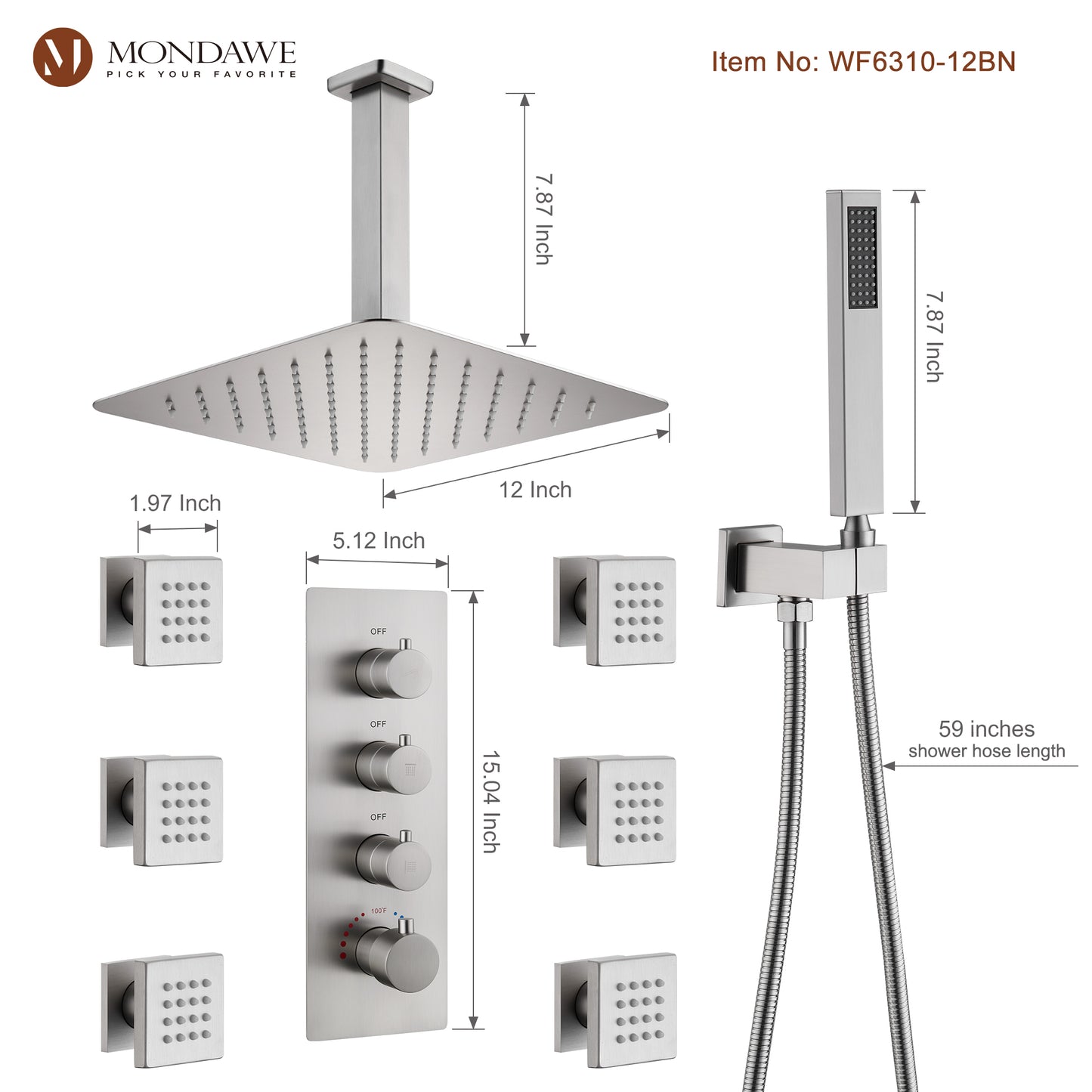 Mondawe Celling Mount Thermostatic Rainfall Shower System Set with Hand Held Shower Head and 6 Body Jets