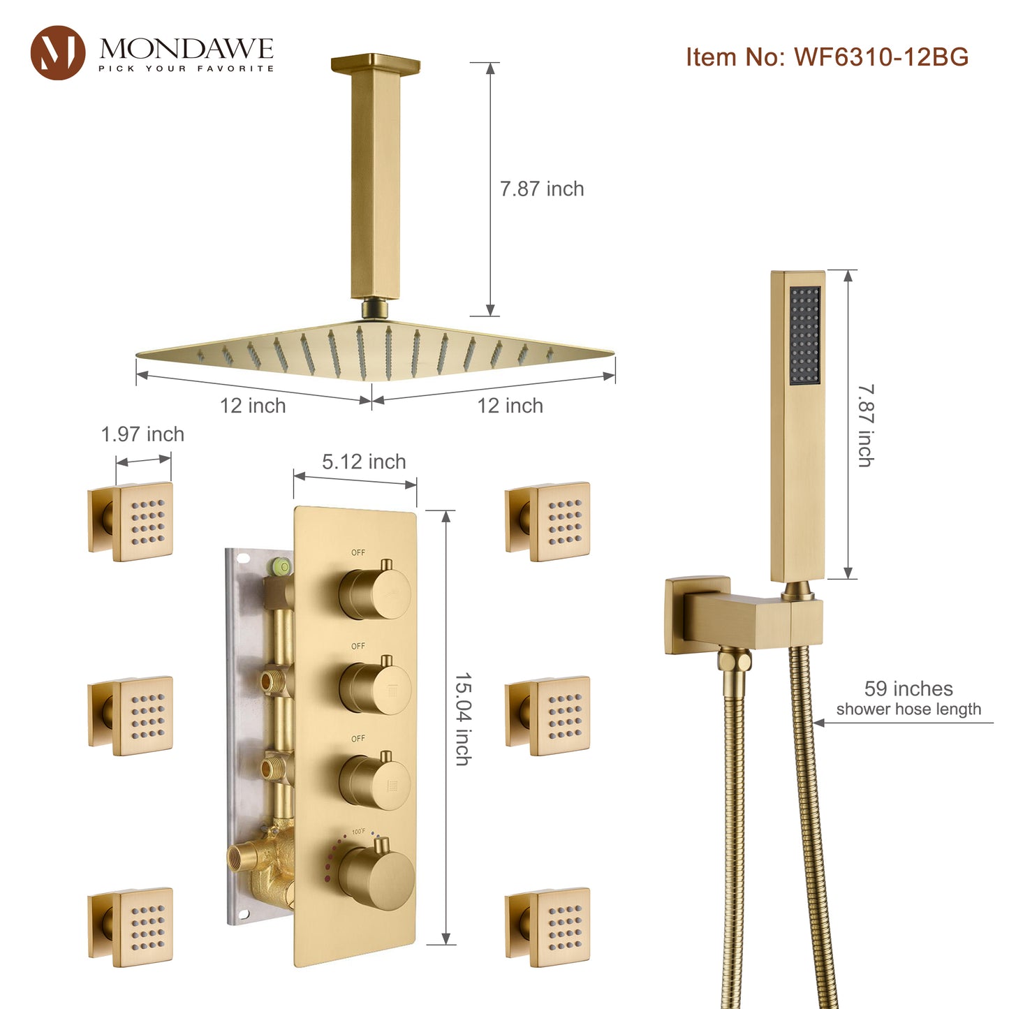 Mondawe Celling Mount Thermostatic Rainfall Shower System Set with Hand Held Shower Head and 6 Body Jets