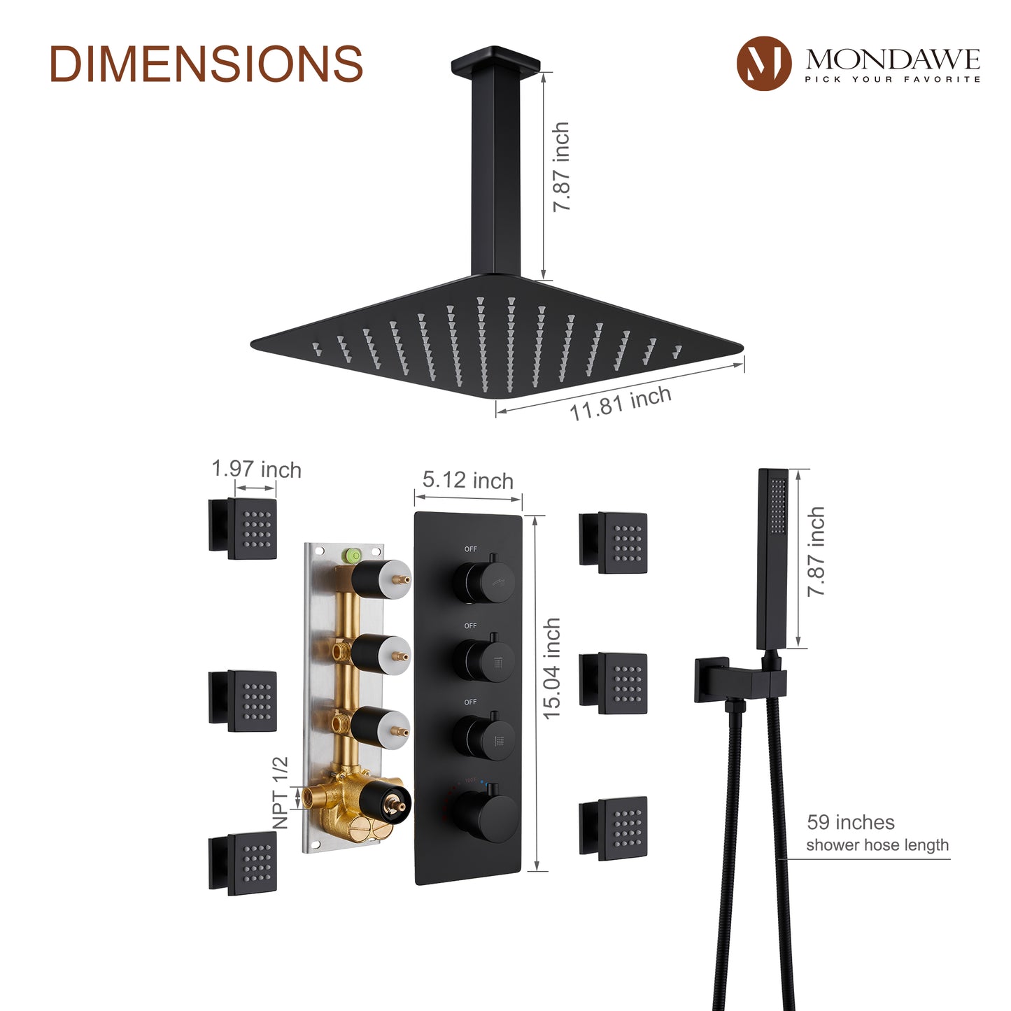 Mondawe Celling Mount Thermostatic Rainfall Shower System Set with Hand Held Shower Head and 6 Body Jets