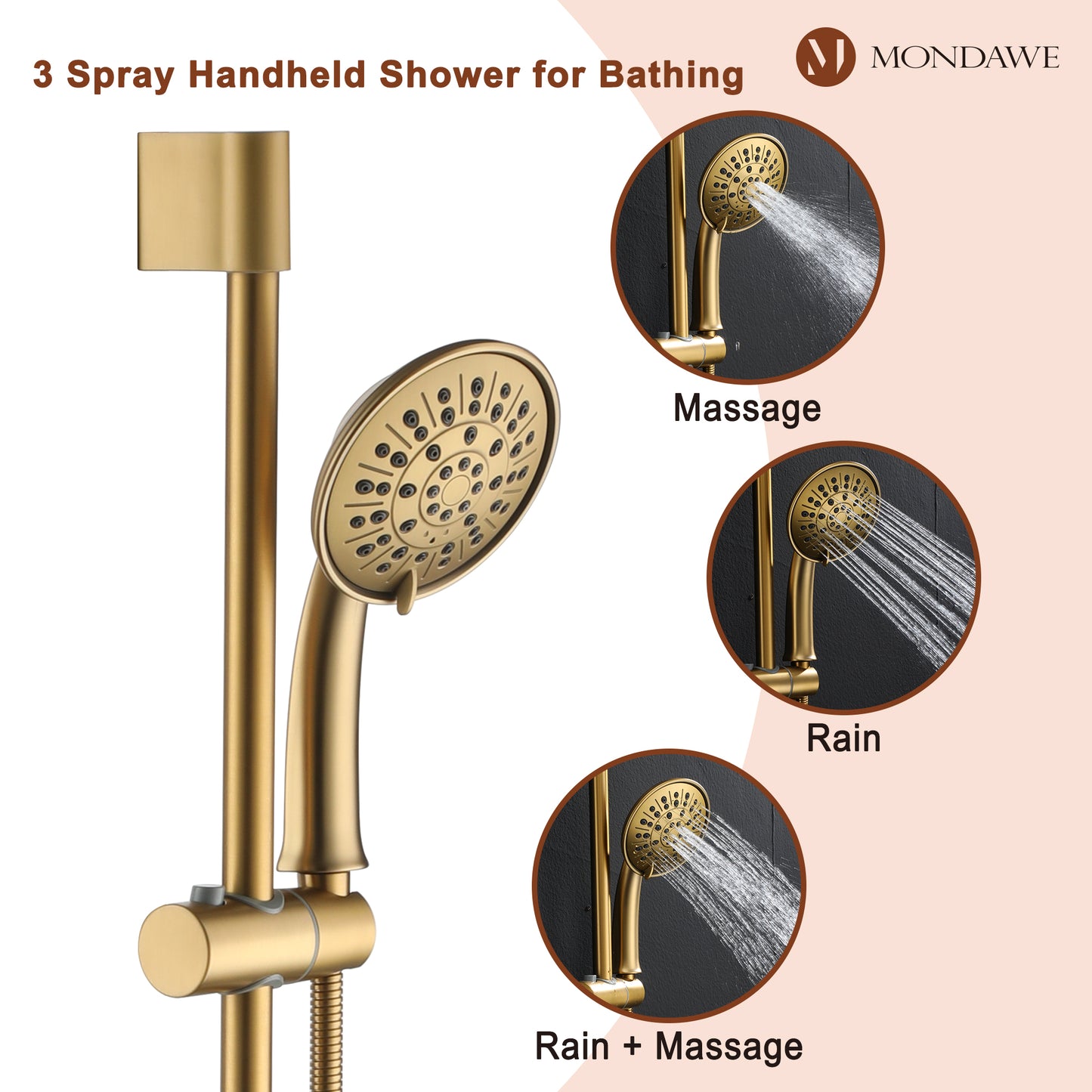 Mondawe Retro Series 3-Spray Patterns with 1.8 GPM 8 in. Rain Wall Mount Dual Shower Heads with Handheld and Spout in Brushed Nickel/ Black/ Bronze/ Gold