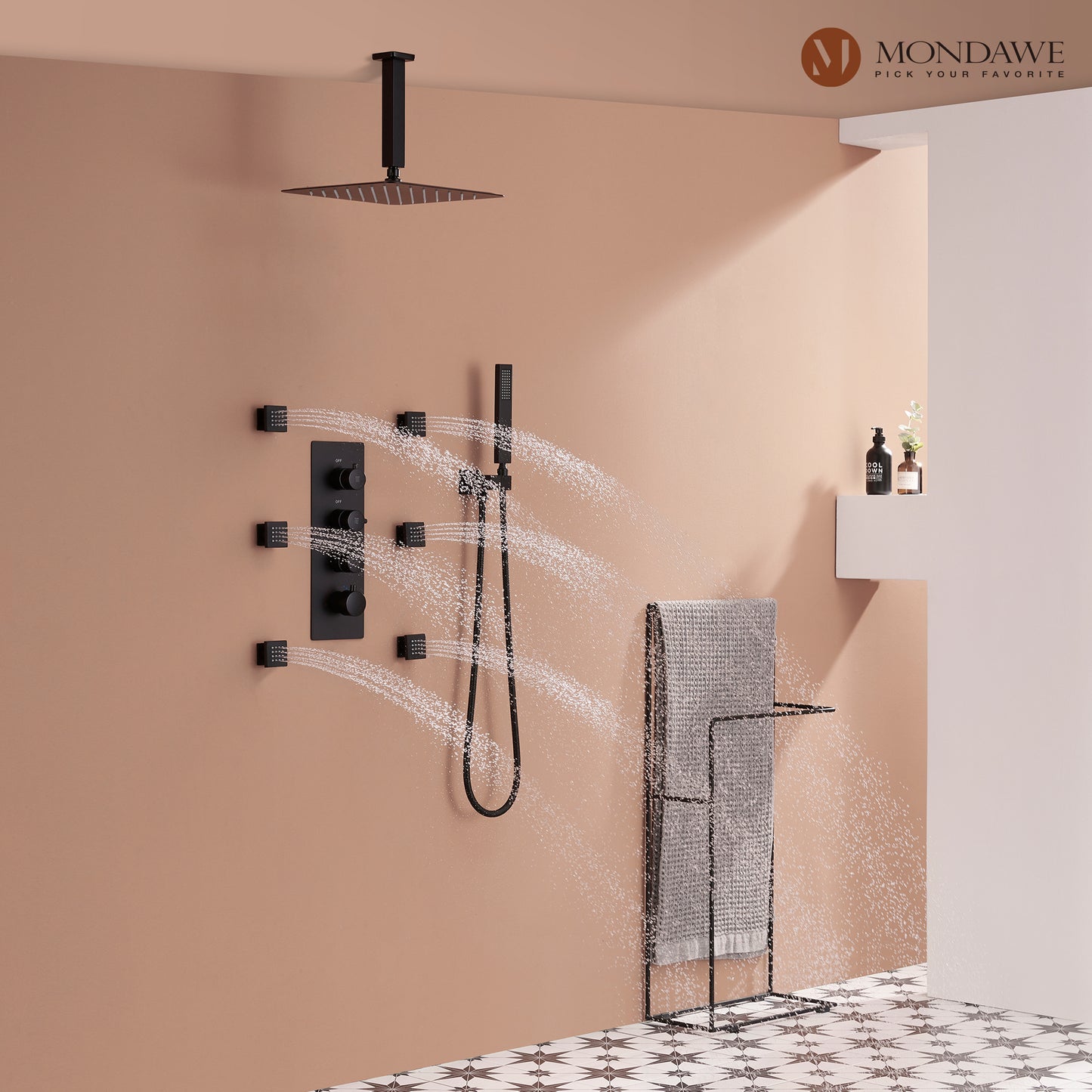 Mondawe Celling Mount Thermostatic Rainfall Shower System Set with Hand Held Shower Head and 6 Body Jets