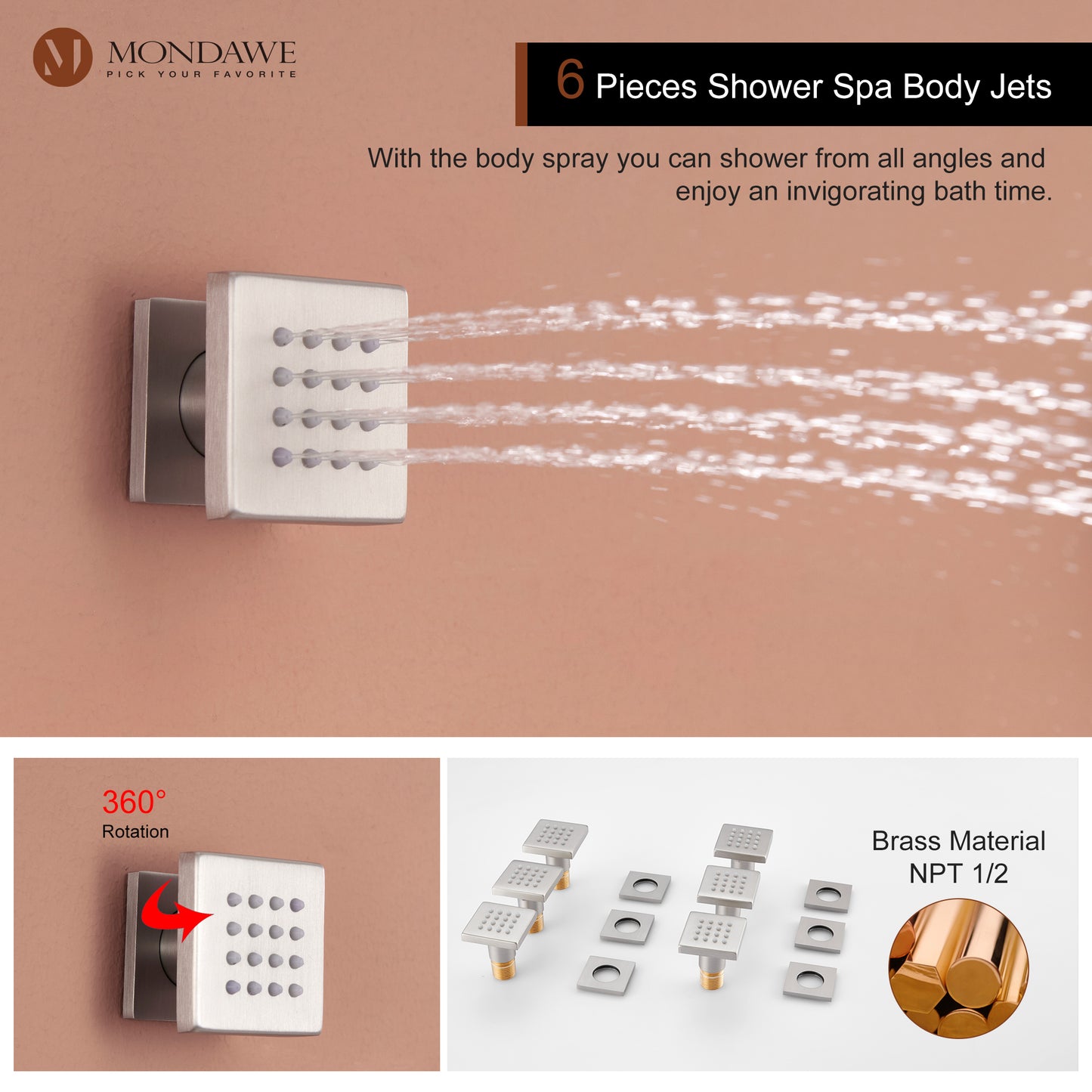 Mondawe Celling Mount Thermostatic Rainfall Shower System Set with Hand Held Shower Head and 6 Body Jets