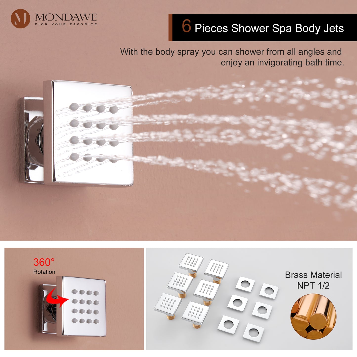 Mondawe Celling Mount Thermostatic Rainfall Shower System Set with Hand Held Shower Head and 6 Body Jets