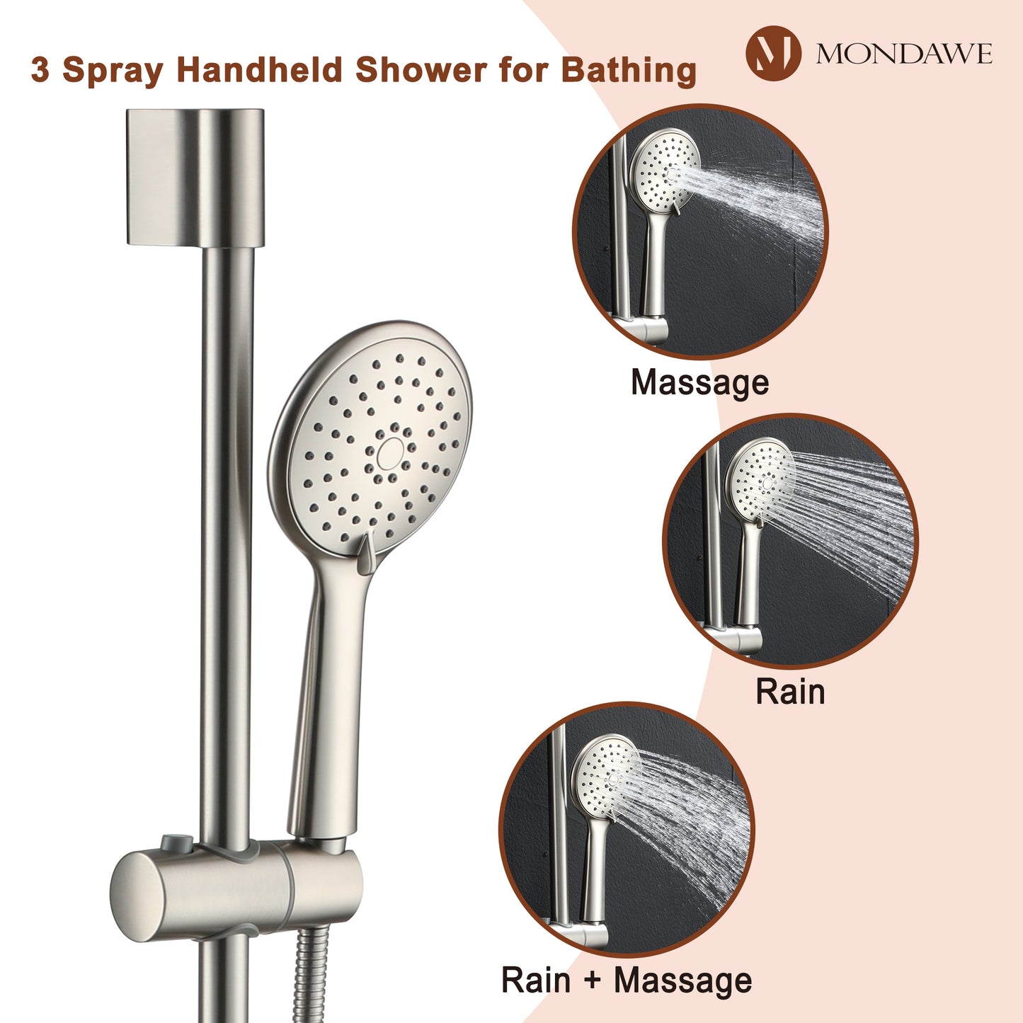 Mondawe Retro Series 3-Spray Patterns with 1.8 GPM 9 in. Rain Wall Mount Dual Shower Heads with Handheld and Spout in Brushed Nickel/ Black/ Bronze/Brushed Gold