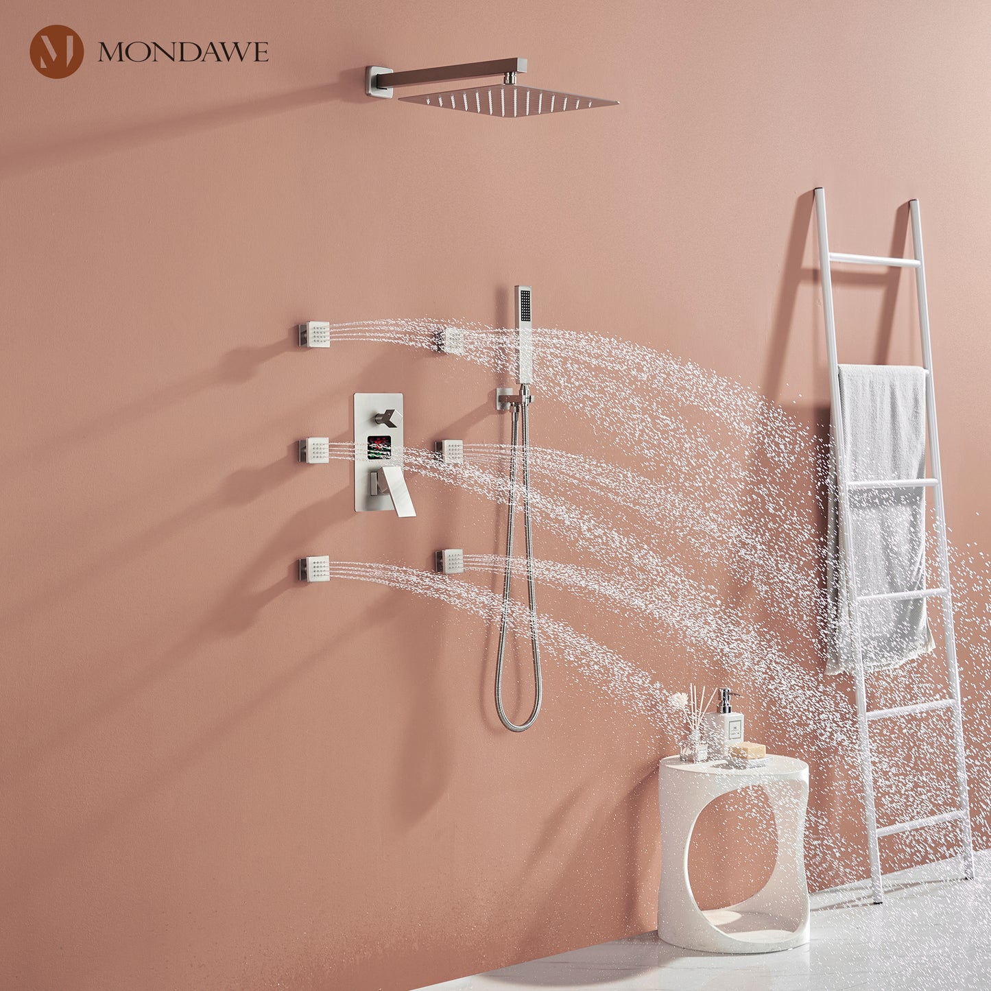 Mondawe Wall Mount Thermostatic Rain Shower Head System with Body Sprayers Handheld Shower and Digital Display