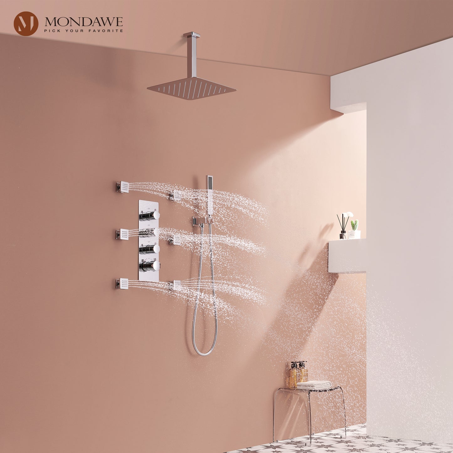 Mondawe Celling Mount Thermostatic Rainfall Shower System Set with Hand Held Shower Head and 6 Body Jets