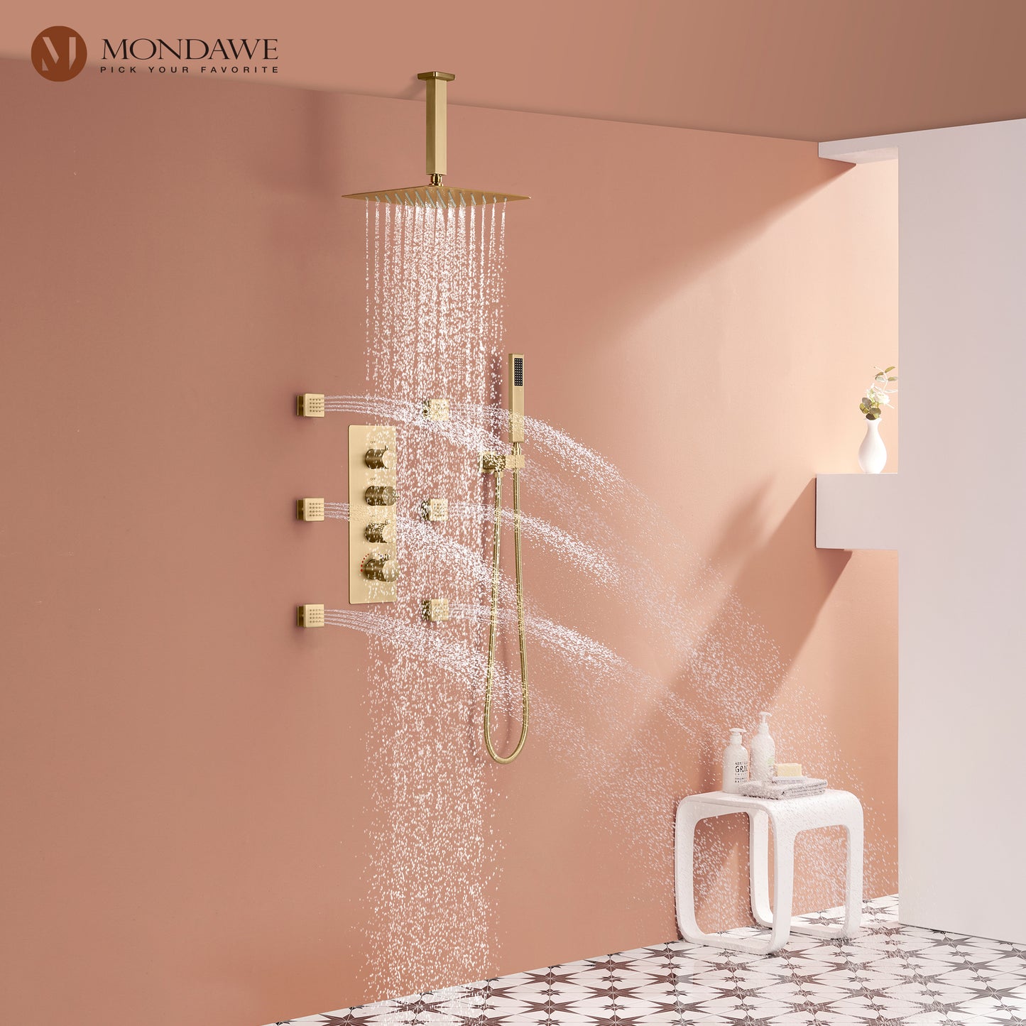 Mondawe 2 Functions Wall Mount Square Complete Shower System with 2.5 GPM 10 in Black/Rose Gold