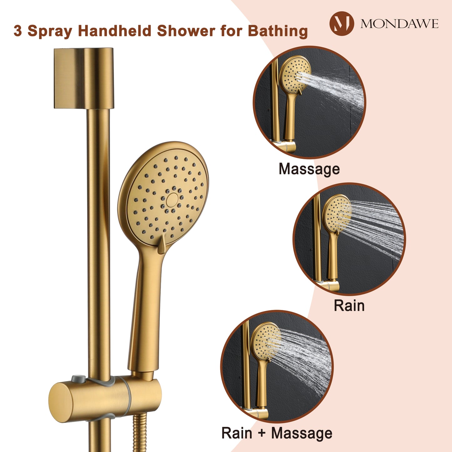 Mondawe Retro Series 3-Spray Patterns with 1.8 GPM 9 in. Rain Wall Mount Dual Shower Heads with Handheld and Spout in Brushed Nickel/ Black/ Bronze/Brushed Gold