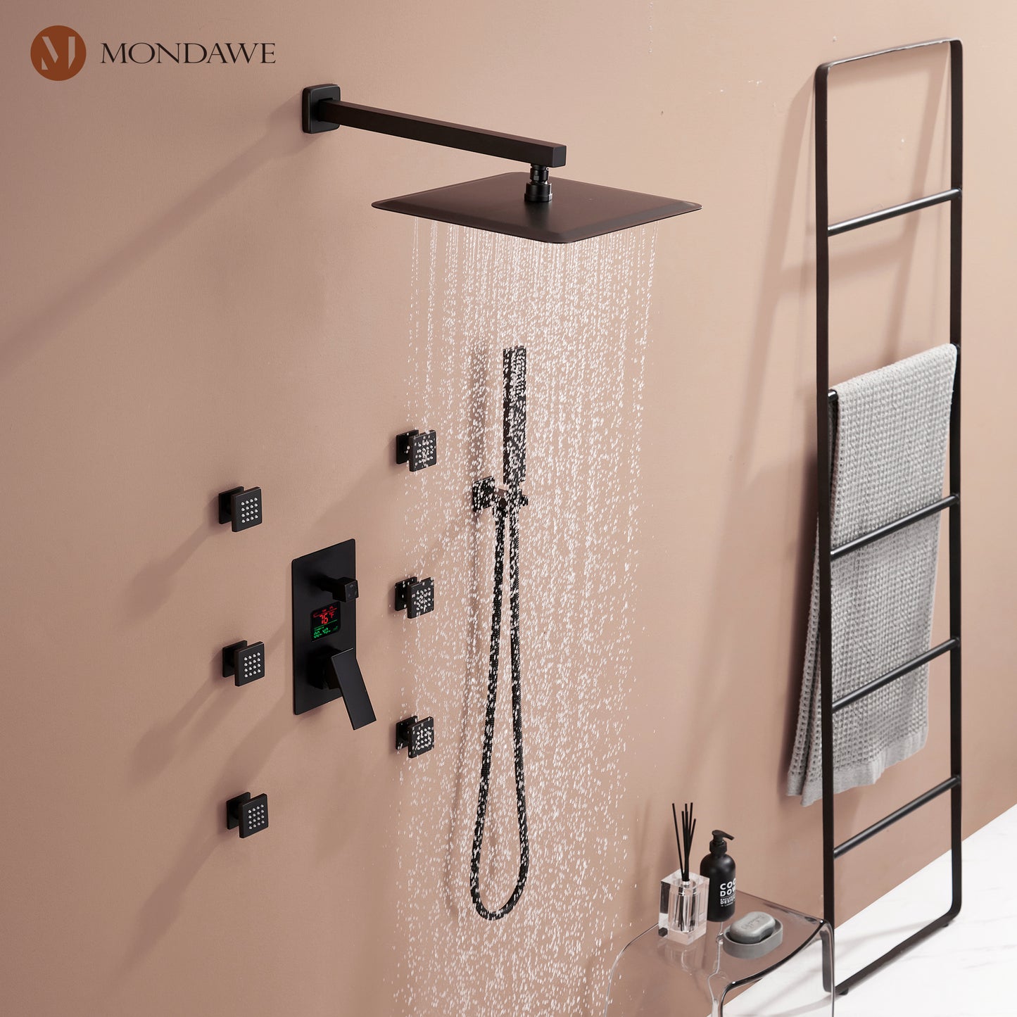 Mondawe Wall Mount Thermostatic Rain Shower Head System with Body Sprayers Handheld Shower and Digital Display