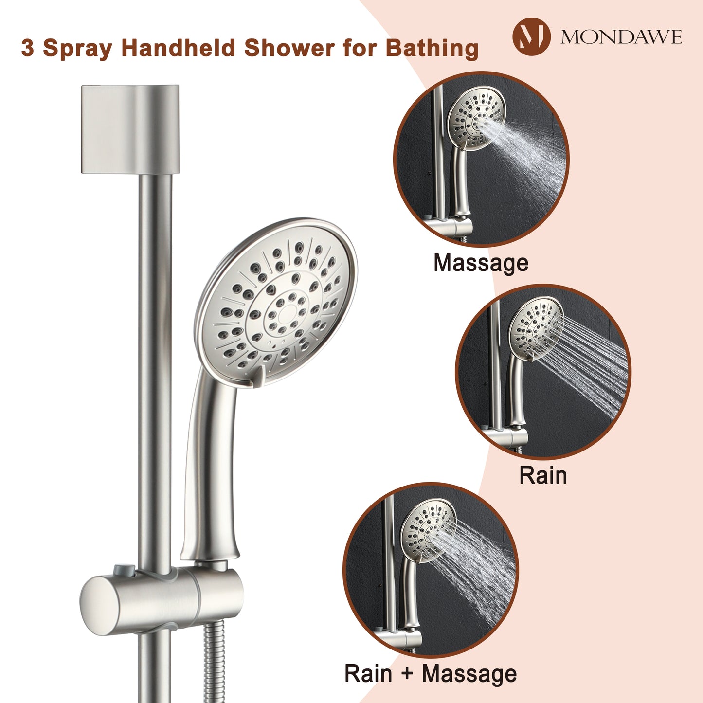 Mondawe Retro Series 3-Spray Patterns with 1.8 GPM 8 in. Rain Wall Mount Dual Shower Heads with Handheld and Spout in Brushed Nickel/ Black/ Bronze/ Gold