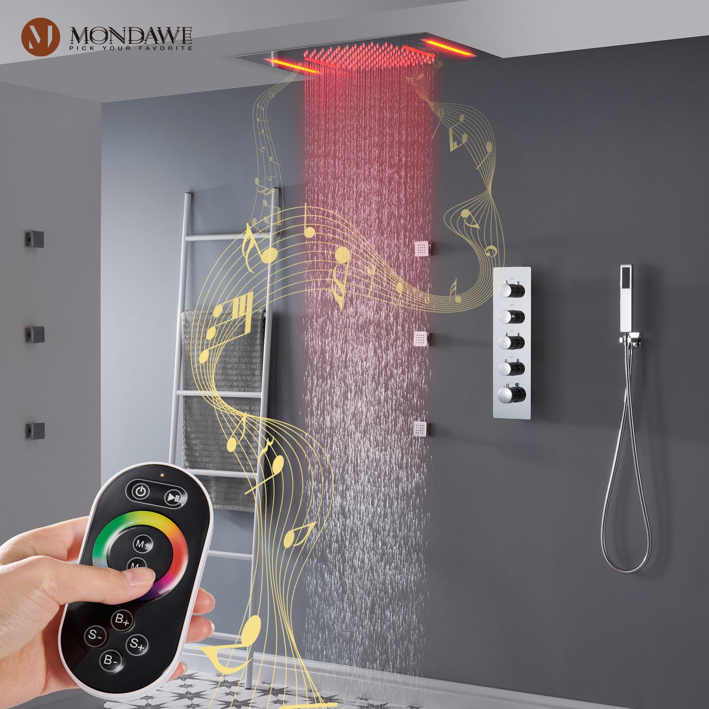 Mondawe Luxury 4-Way Thermostatic Shower System with LED and Music Player