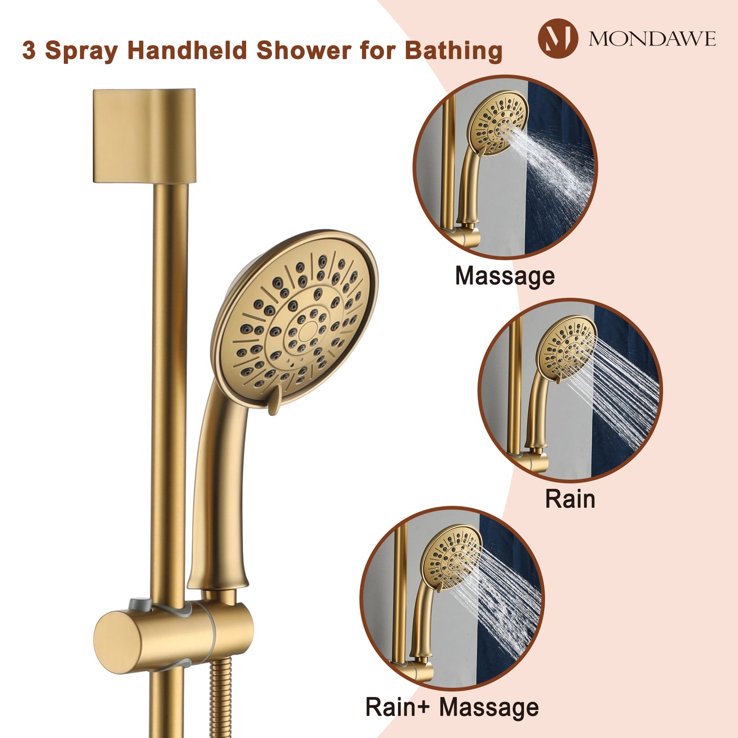 Mondawe Retro Series 2-Spray Patterns with 1.8 GPM 8 in. Rain Wall Mount Dual Shower Heads with Handheld and Spout in Brushed Nickel/ Black/ Bronze/Brushed Gold