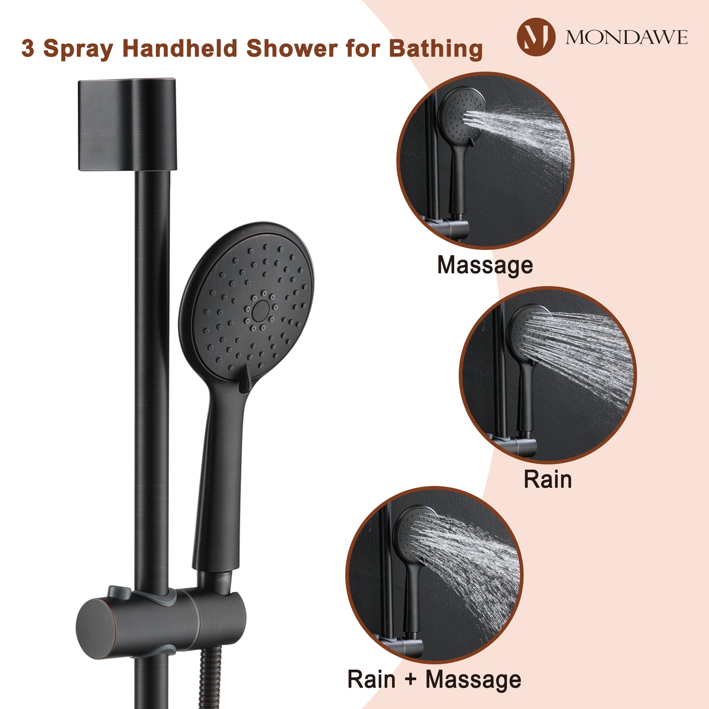 Mondawe Retro Series 3-Spray Patterns with 1.8 GPM 9 in. Rain Wall Mount Dual Shower Heads with Handheld and Spout in Brushed Nickel/ Black/ Bronze/Brushed Gold