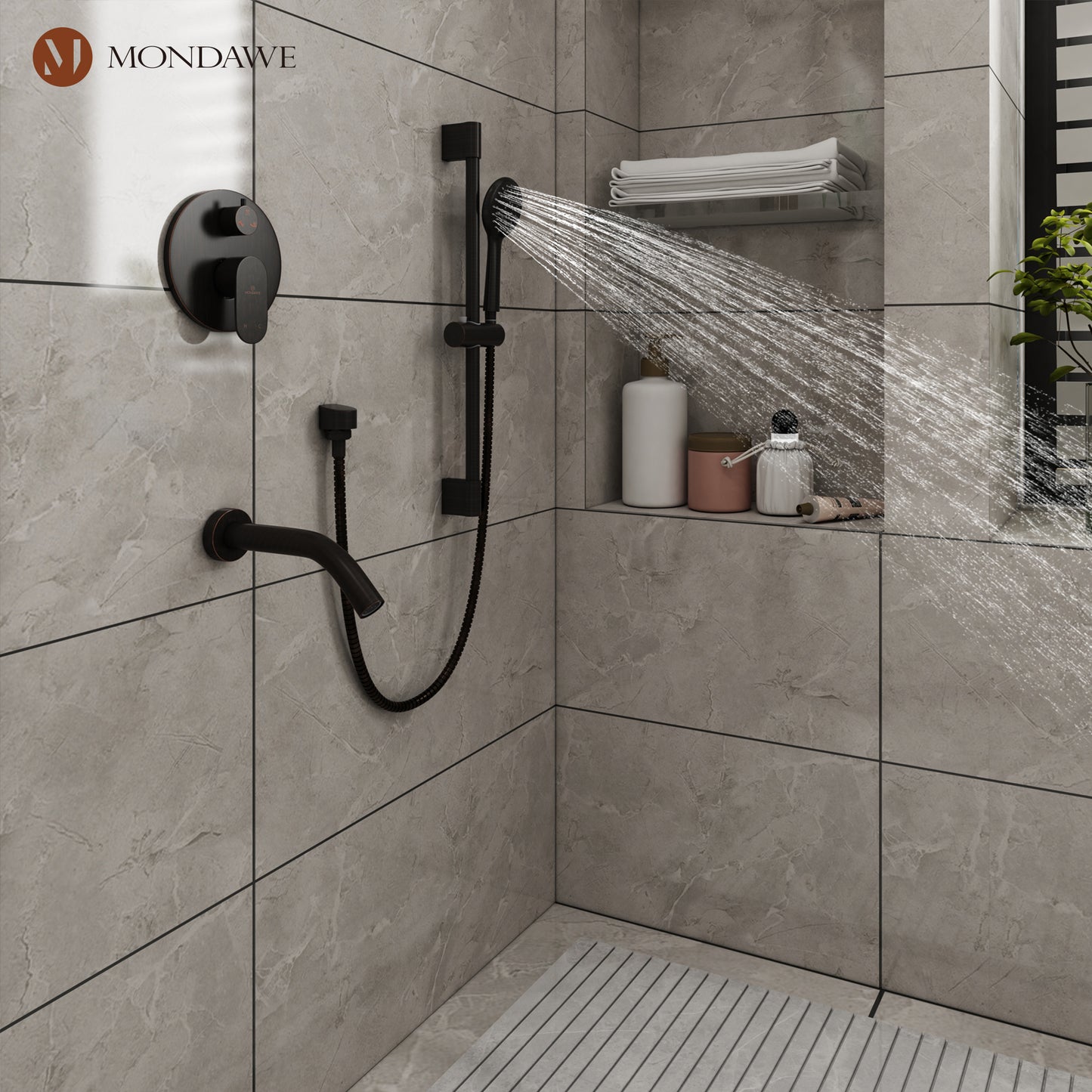 Mondawe Retro Series 3-Spray Patterns with 1.8 GPM 9 in. Rain Wall Mount Dual Shower Heads with Handheld and Spout in Brushed Nickel/ Black/ Bronze/Brushed Gold