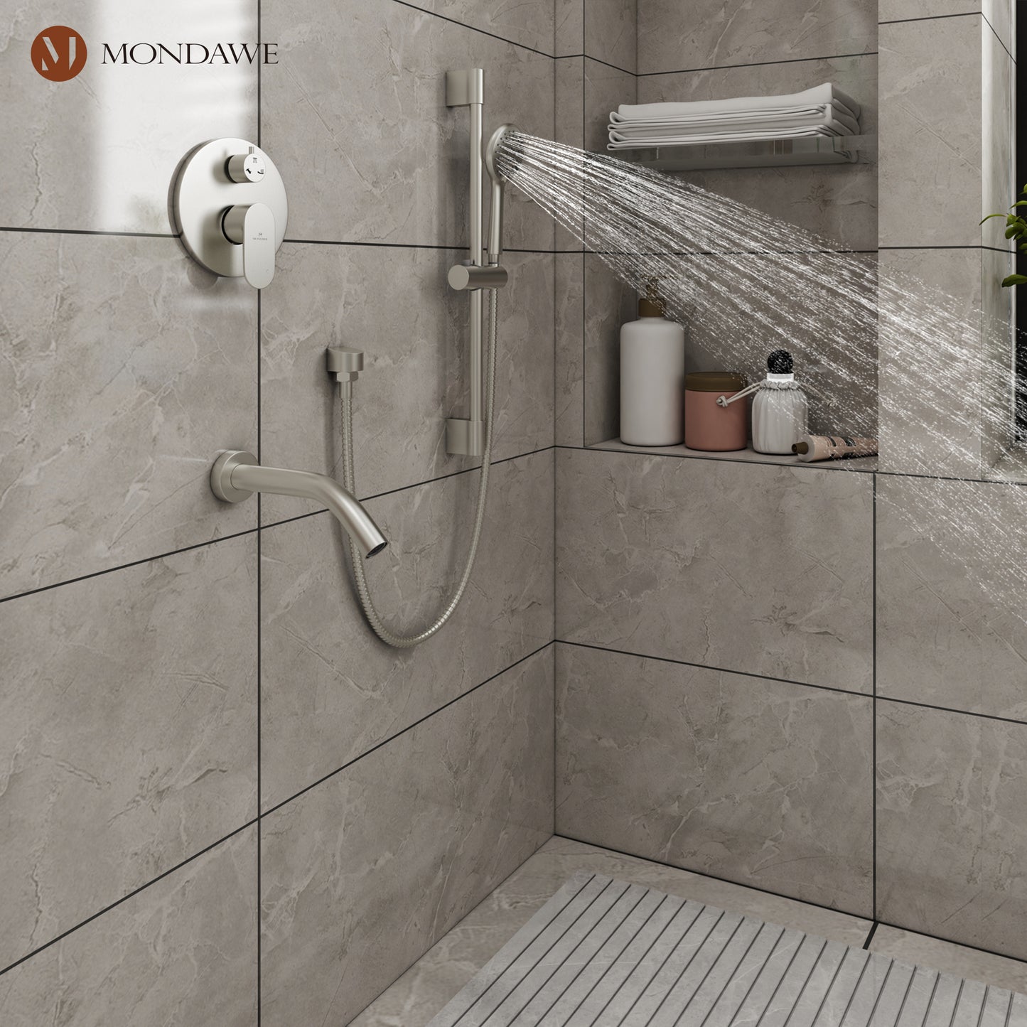 Mondawe Retro Series 3-Spray Patterns with 1.8 GPM 9 in. Rain Wall Mount Dual Shower Heads with Handheld and Spout in Brushed Nickel/ Black/ Bronze/Brushed Gold