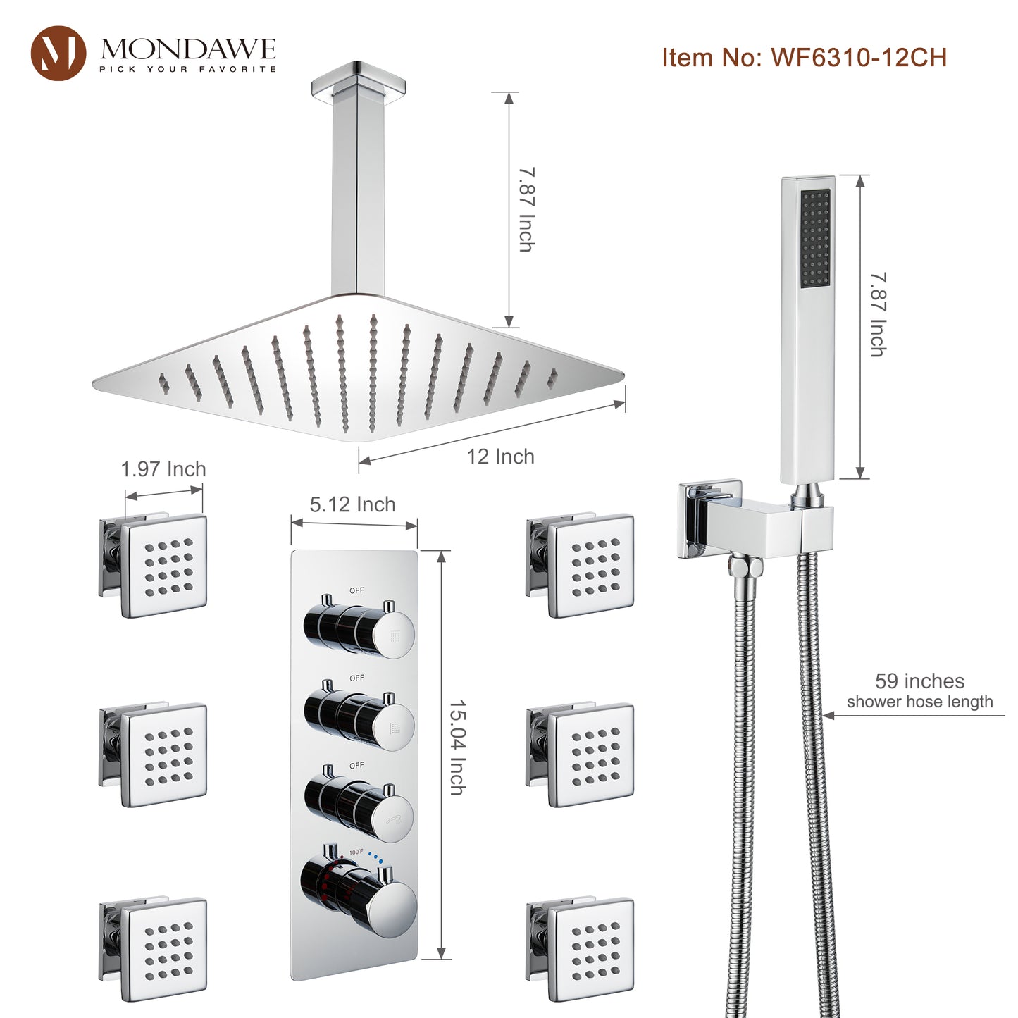 Mondawe Celling Mount Thermostatic Rainfall Shower System Set with Hand Held Shower Head and 6 Body Jets