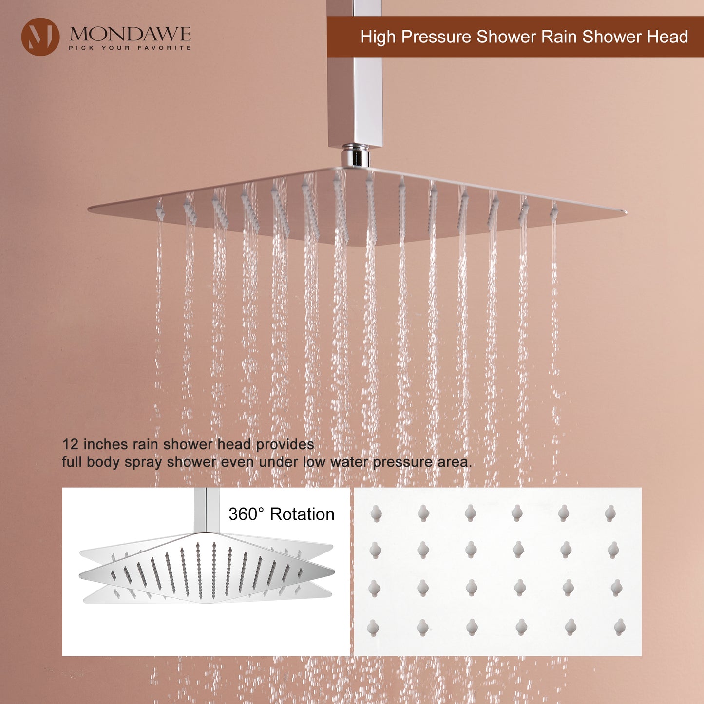 Mondawe Celling Mount Thermostatic Rainfall Shower System Set with Hand Held Shower Head and 6 Body Jets