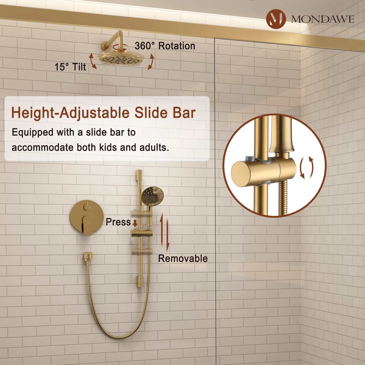 Mondawe Retro Series 2-Spray Patterns with 1.8 GPM 8 in. Rain Wall Mount Dual Shower Heads with Handheld and Spout in Brushed Nickel/ Black/ Bronze/Brushed Gold