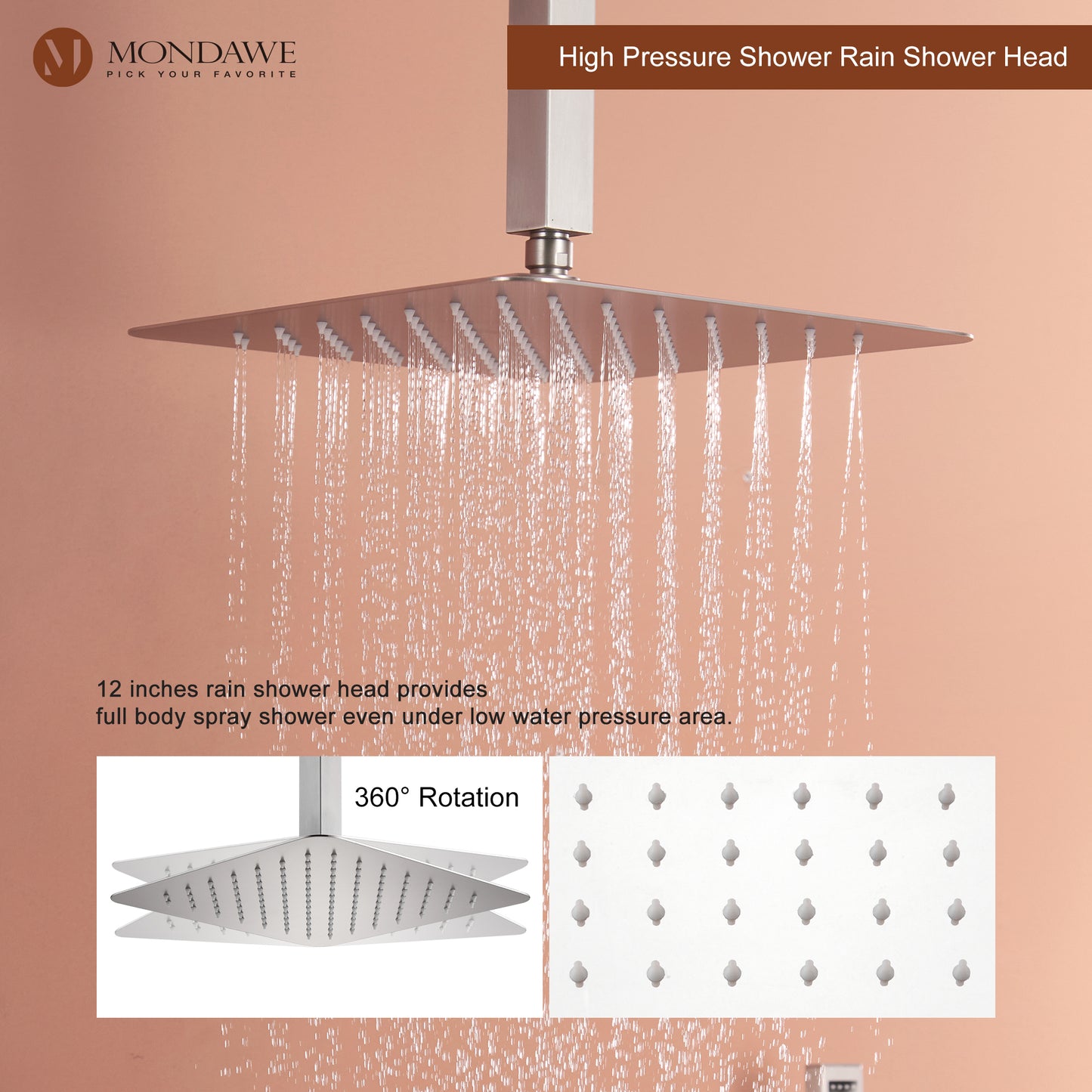 Mondawe Celling Mount Thermostatic Rainfall Shower System Set with Hand Held Shower Head and 6 Body Jets