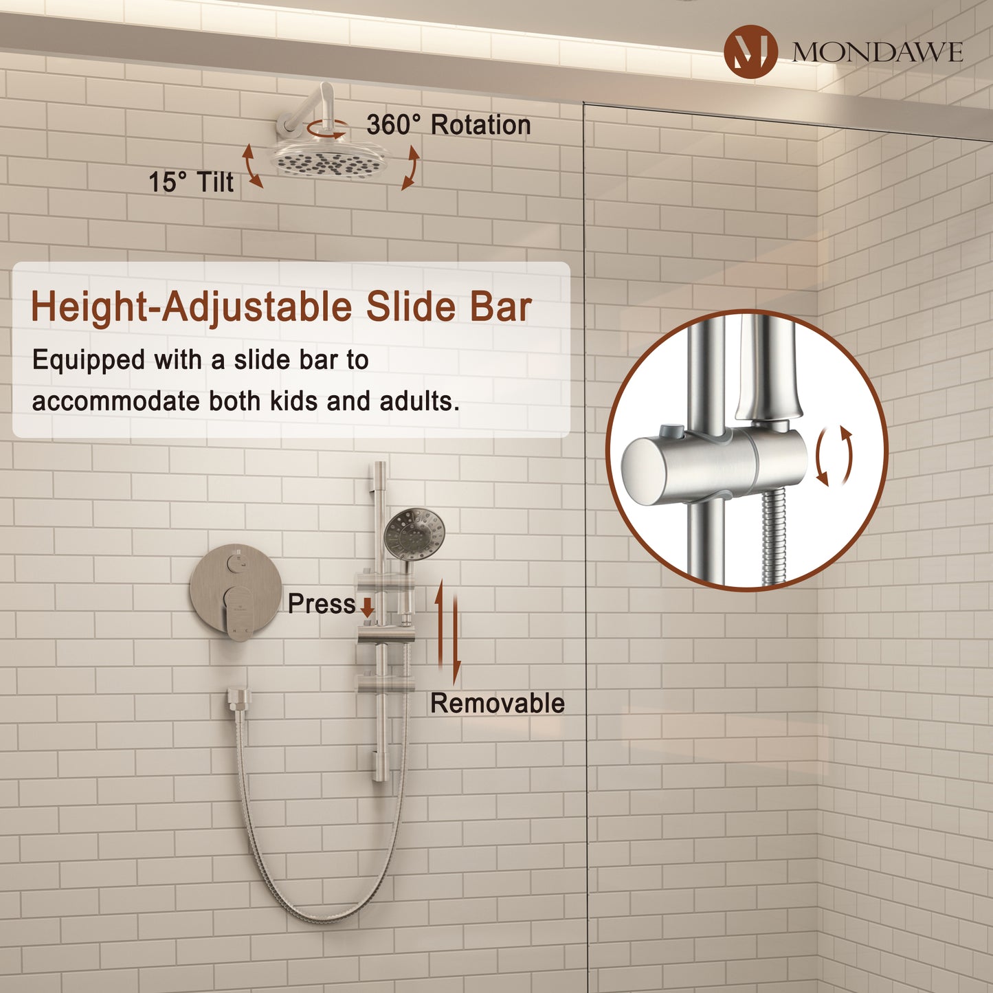 Mondawe Retro Series 2-Spray Patterns with 1.8 GPM 8 in. Rain Wall Mount Dual Shower Heads with Handheld and Spout in Brushed Nickel/ Black/ Bronze/Brushed Gold