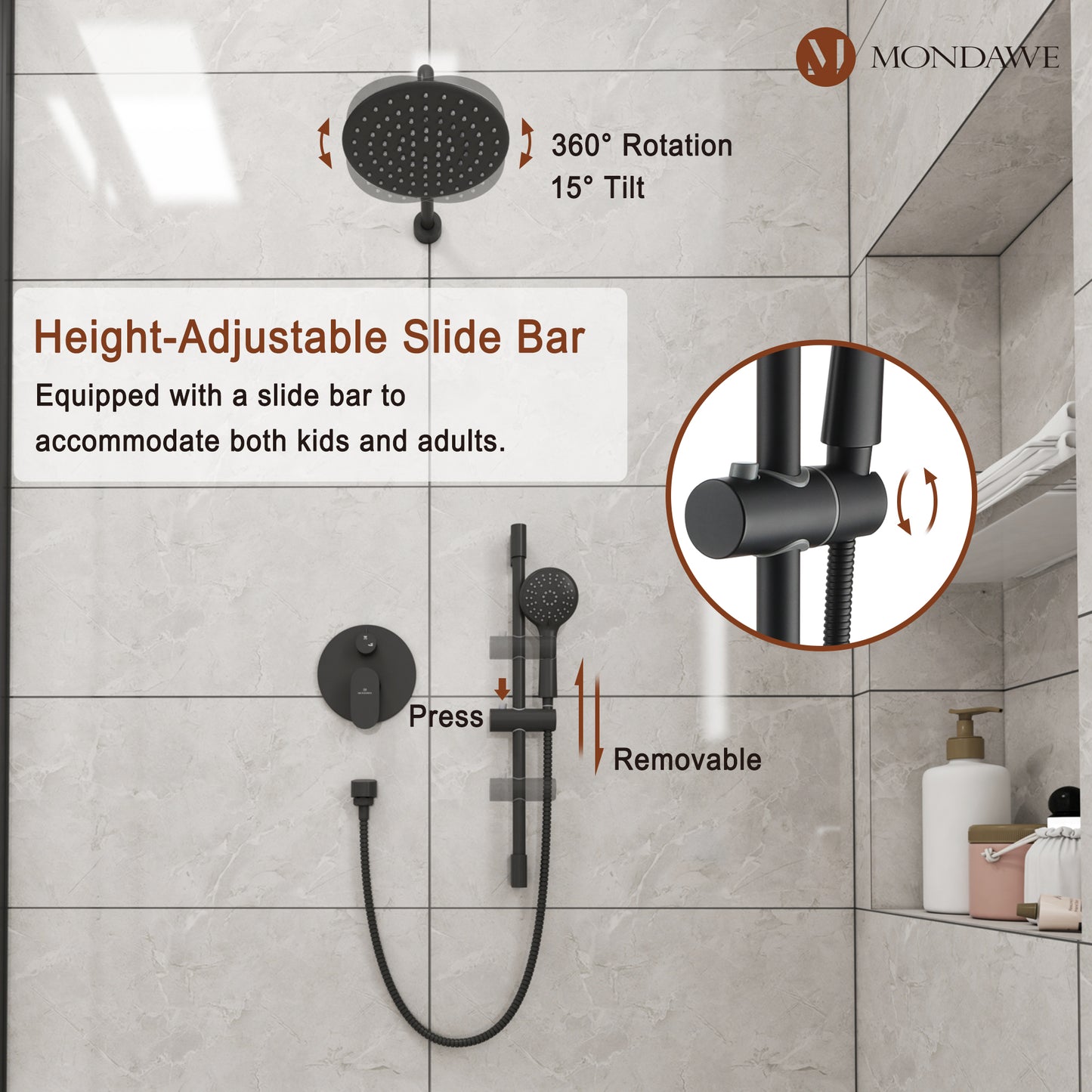 Mondawe Retro Series 2-Spray Patterns with 1.8 GPM 9 in. Rain Wall Mount Dual Shower Heads with Handheld and Spout in Brushed Nickel/ Black/ Bronze/Brushed Gold