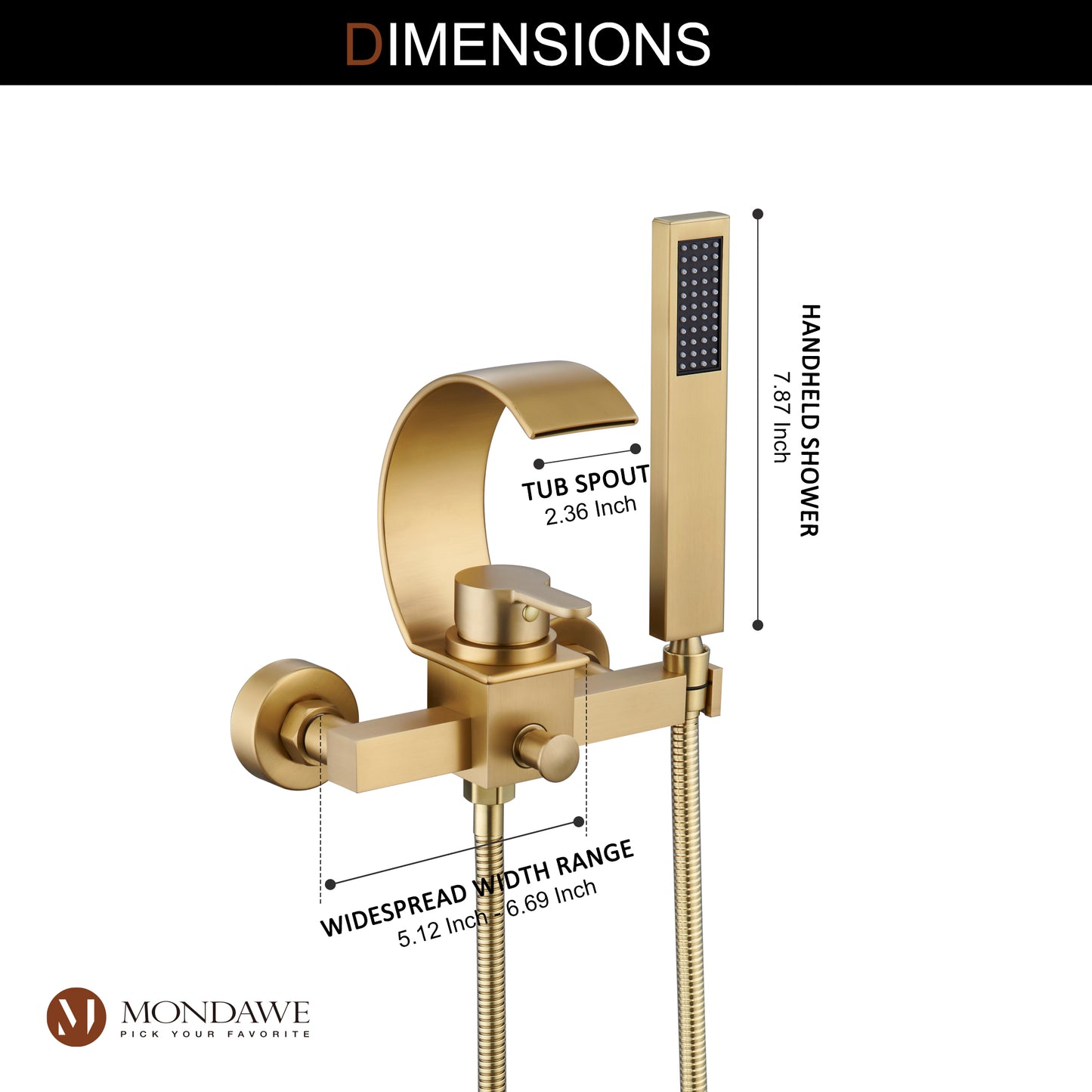 Mondawe Single Handle Shower Tub Kit with Waterfall Tub Spout and Handheld Shower Faucet, Wall Mounted