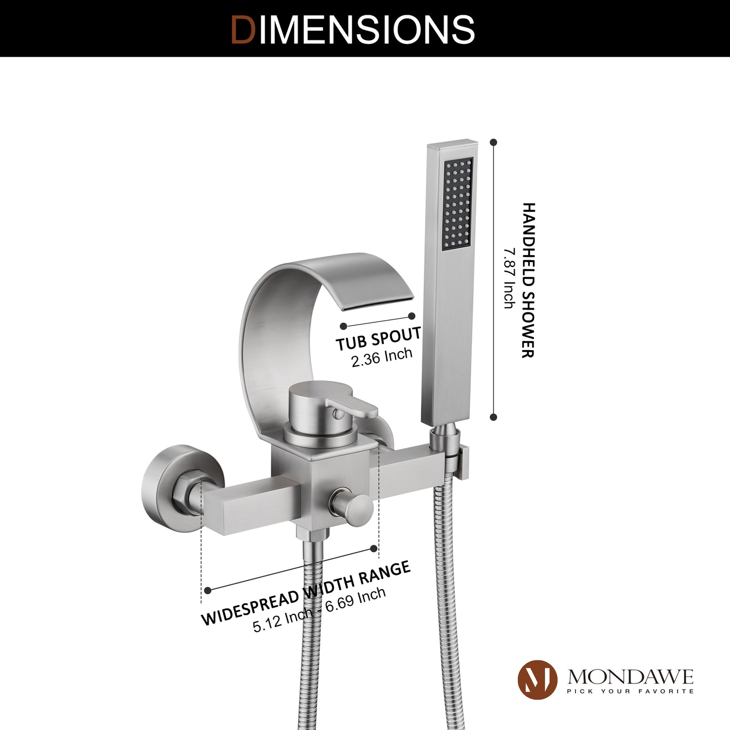 Mondawe Single Handle Shower Tub Kit with Waterfall Tub Spout and Handheld Shower Faucet, Wall Mounted