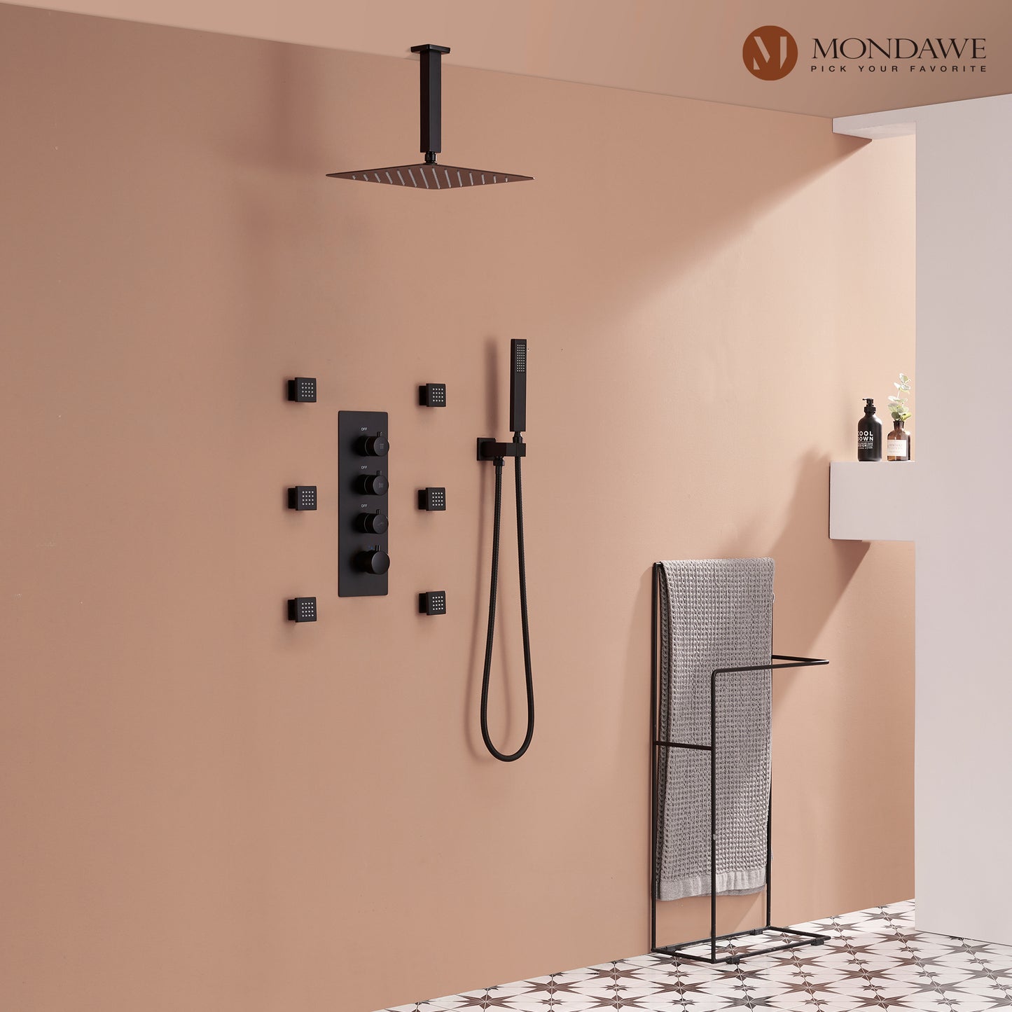 Mondawe Celling Mount Thermostatic Rainfall Shower System Set with Hand Held Shower Head and 6 Body Jets