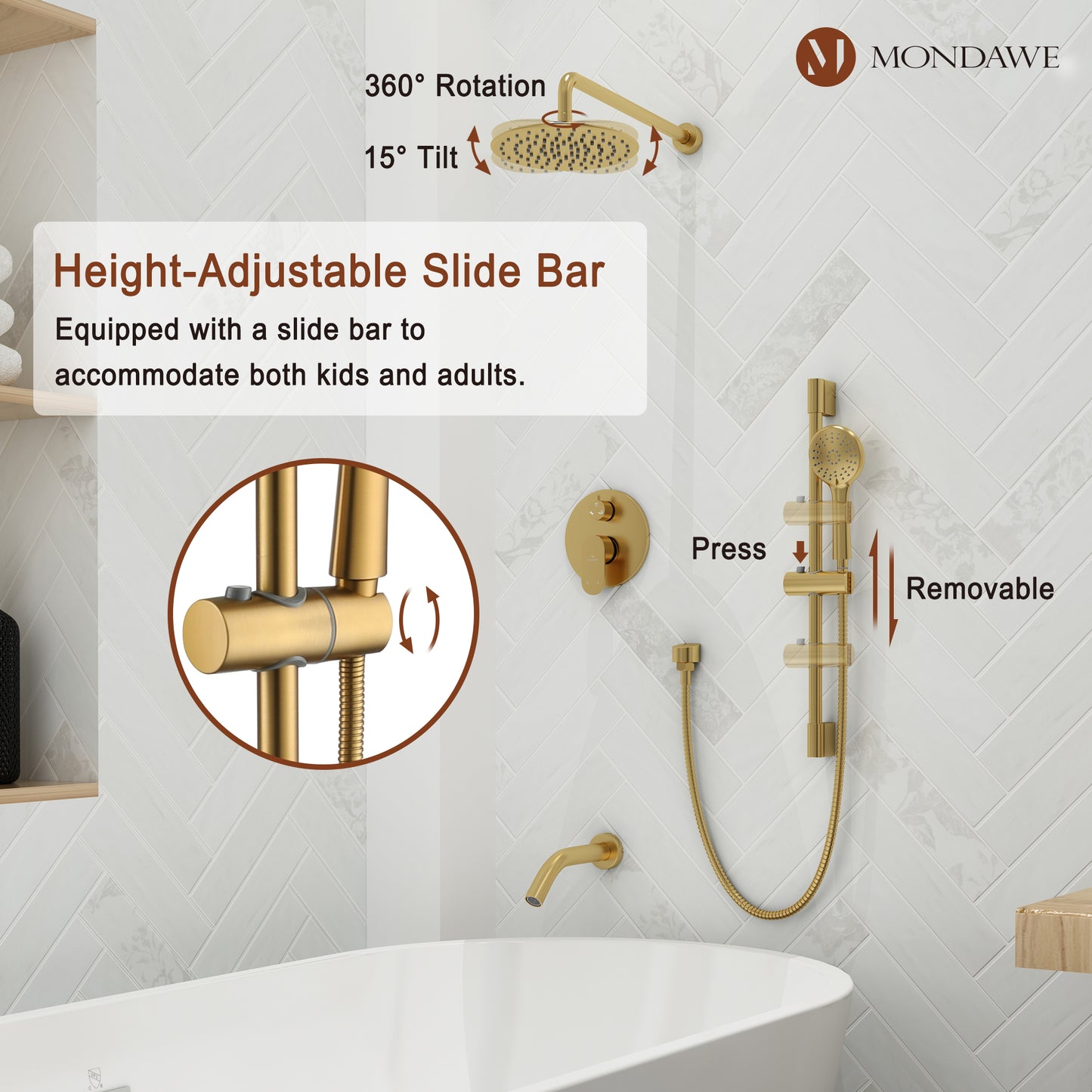 Mondawe Retro Series 3-Spray Patterns with 1.8 GPM 9 in. Rain Wall Mount Dual Shower Heads with Handheld and Spout in Brushed Nickel/ Black/ Bronze/Brushed Gold