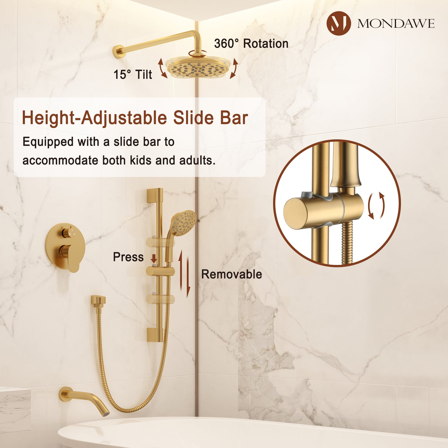 Mondawe Retro Series 3-Spray Patterns with 1.8 GPM 8 in. Rain Wall Mount Dual Shower Heads with Handheld and Spout in Brushed Nickel/ Black/ Bronze/ Gold