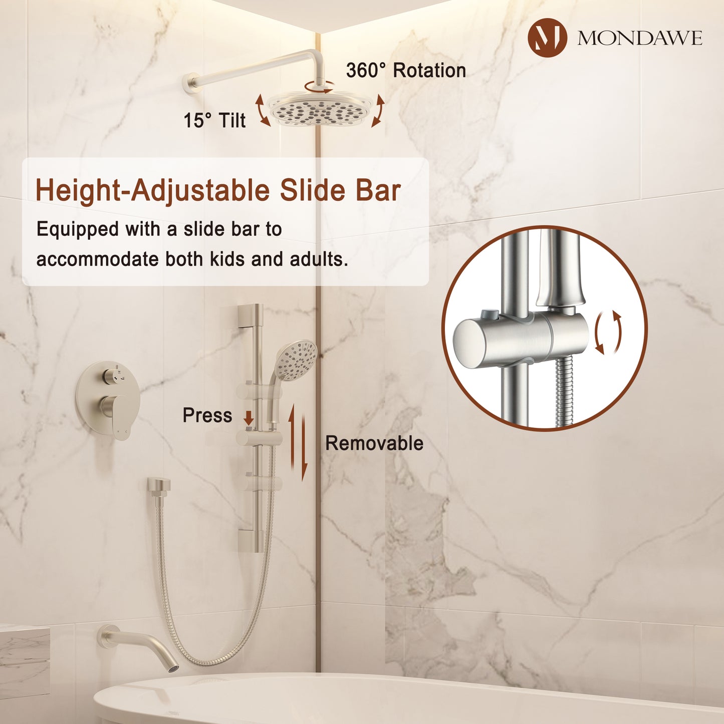 Mondawe Retro Series 3-Spray Patterns with 1.8 GPM 8 in. Rain Wall Mount Dual Shower Heads with Handheld and Spout in Brushed Nickel/ Black/ Bronze/ Gold