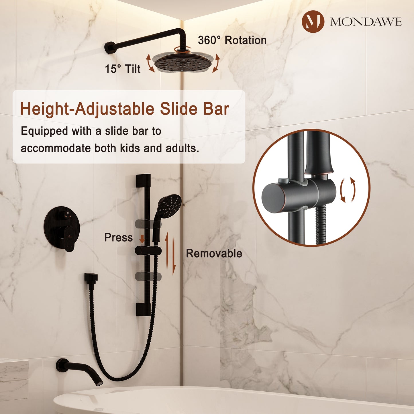 Mondawe Retro Series 3-Spray Patterns with 1.8 GPM 8 in. Rain Wall Mount Dual Shower Heads with Handheld and Spout in Brushed Nickel/ Black/ Bronze/ Gold