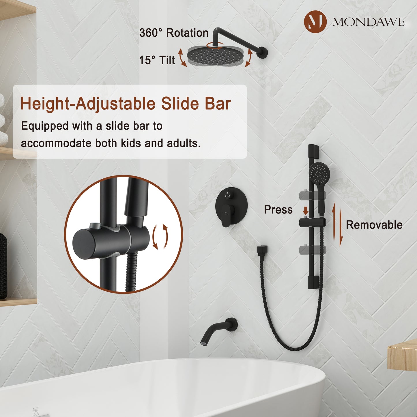 Mondawe Retro Series 3-Spray Patterns with 1.8 GPM 9 in. Rain Wall Mount Dual Shower Heads with Handheld and Spout in Brushed Nickel/ Black/ Bronze/Brushed Gold