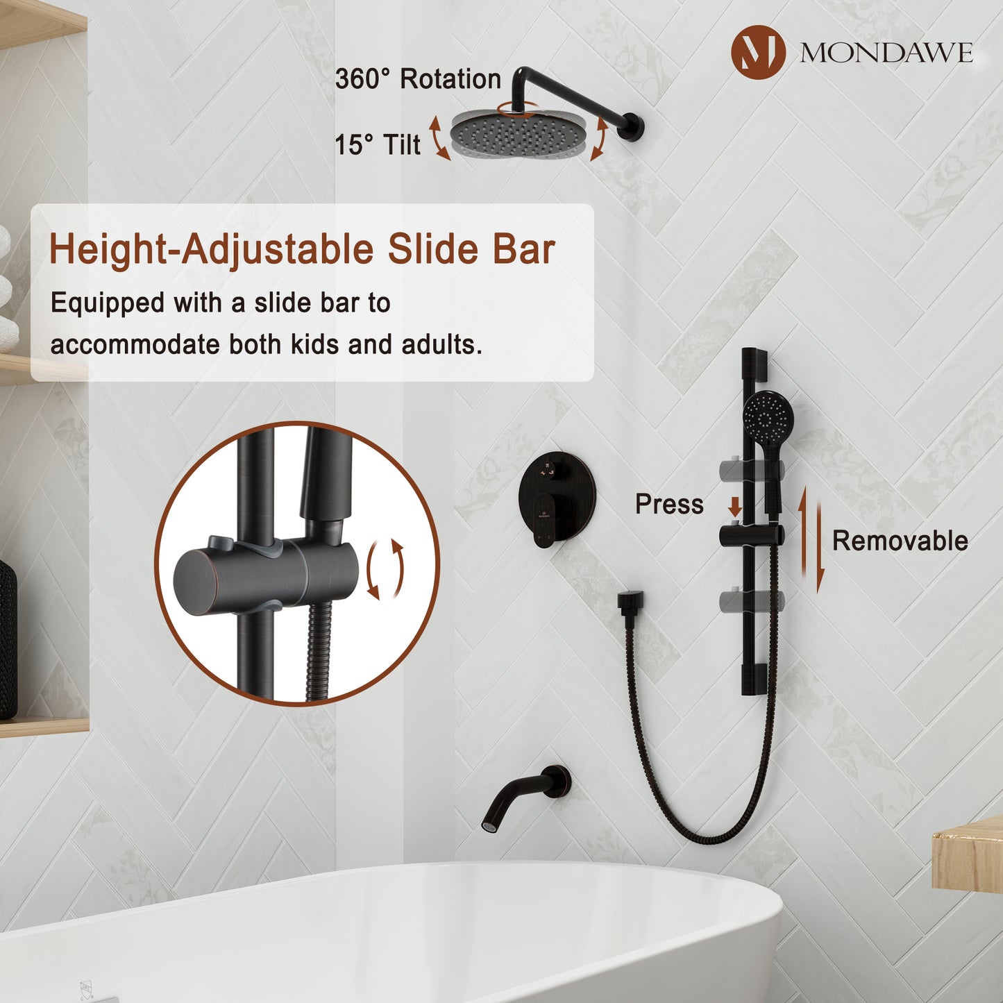 Mondawe Retro Series 3-Spray Patterns with 1.8 GPM 9 in. Rain Wall Mount Dual Shower Heads with Handheld and Spout in Brushed Nickel/ Black/ Bronze/Brushed Gold