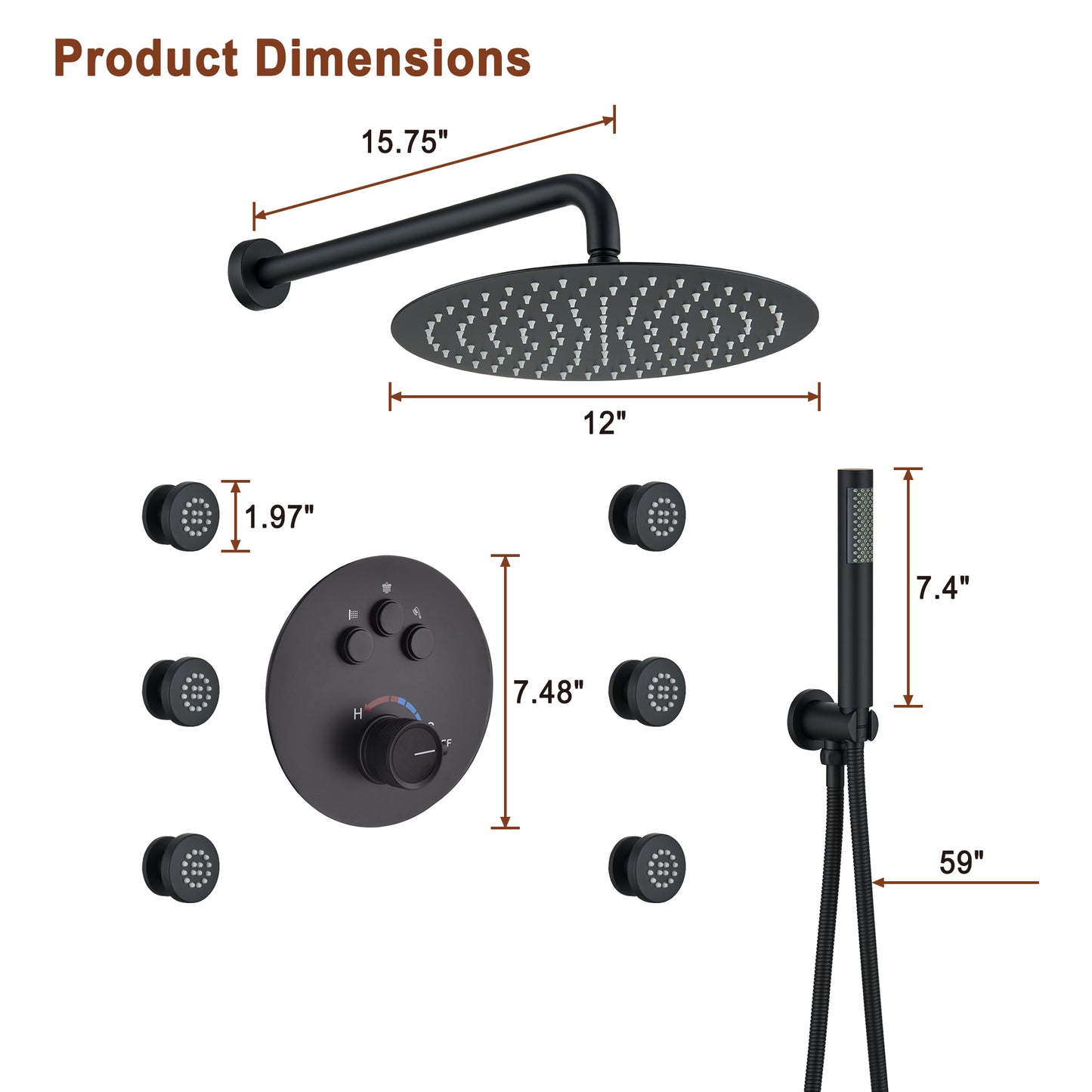 Mondawe Round Shower System With Body Jet,12 inch Wall Mounted High-Pressure Rainfall Shower Head Handheld and 6 pcs Body Sprays,Rain Shower Mixer Combo Set