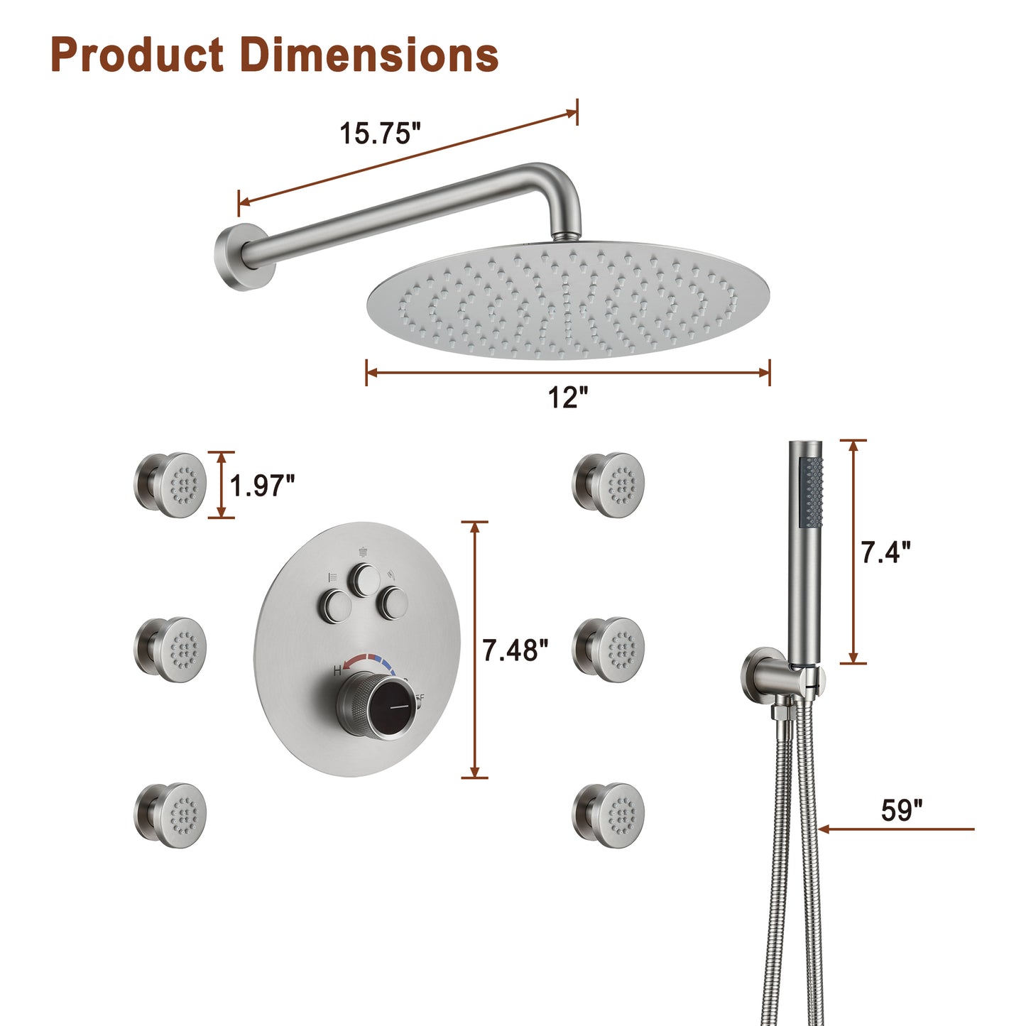 Mondawe Round Shower System With Body Jet,12 inch Wall Mounted High-Pressure Rainfall Shower Head Handheld and 6 pcs Body Sprays,Rain Shower Mixer Combo Set