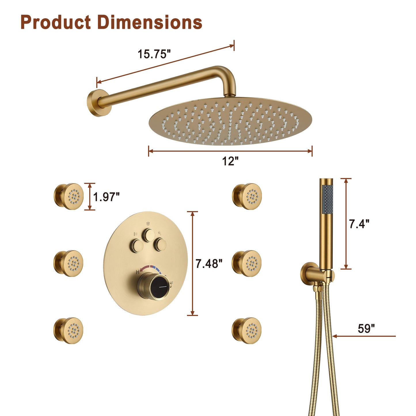 Mondawe Round Shower System With Body Jet,12 inch Wall Mounted High-Pressure Rainfall Shower Head Handheld and 6 pcs Body Sprays,Rain Shower Mixer Combo Set