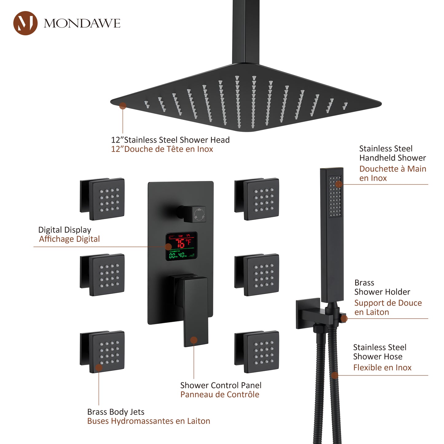 Mondawe Celling Mount Thermostatic Rain Shower System with Handheld Shower, Wall Body Jets and Digital Display