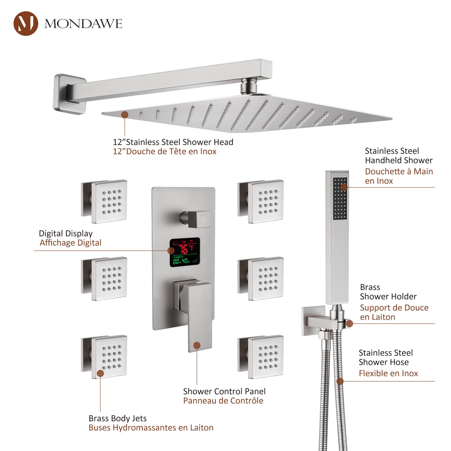 Mondawe Wall Mount Thermostatic Rain Shower Head System with Body Sprayers Handheld Shower and Digital Display