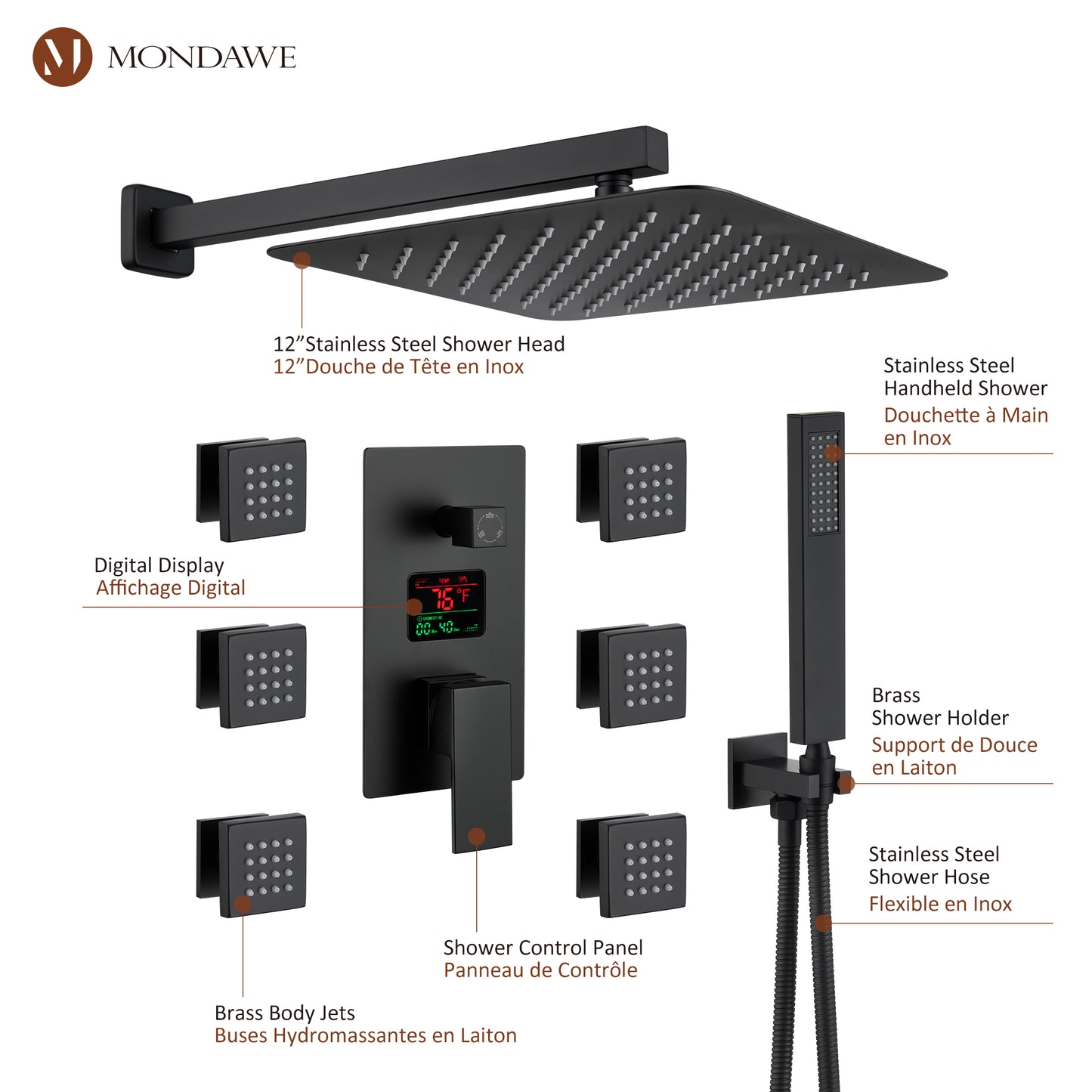 Mondawe Wall Mount Thermostatic Rain Shower Head System with Body Sprayers Handheld Shower and Digital Display