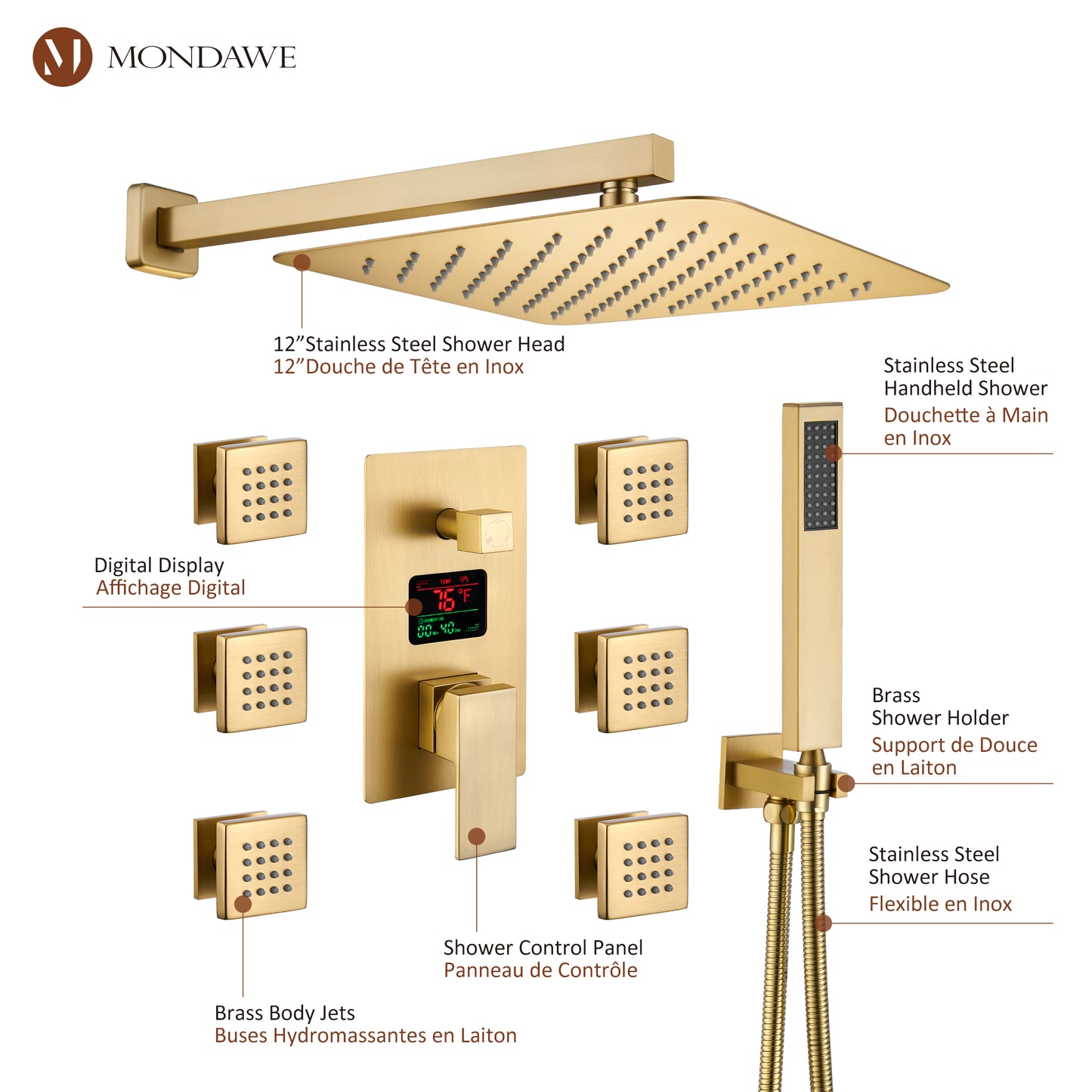 Mondawe Wall Mount Thermostatic Rain Shower Head System with Body Sprayers Handheld Shower and Digital Display