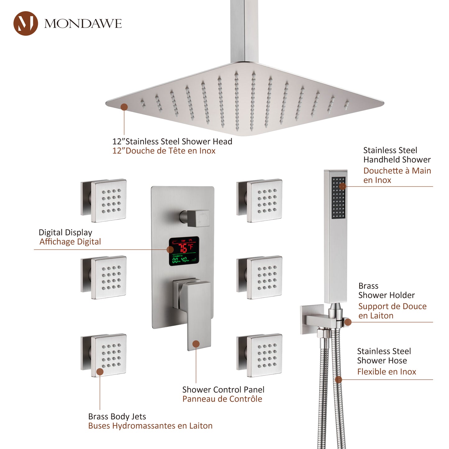 Mondawe Celling Mount Thermostatic Rain Shower System with Handheld Shower, Wall Body Jets and Digital Display