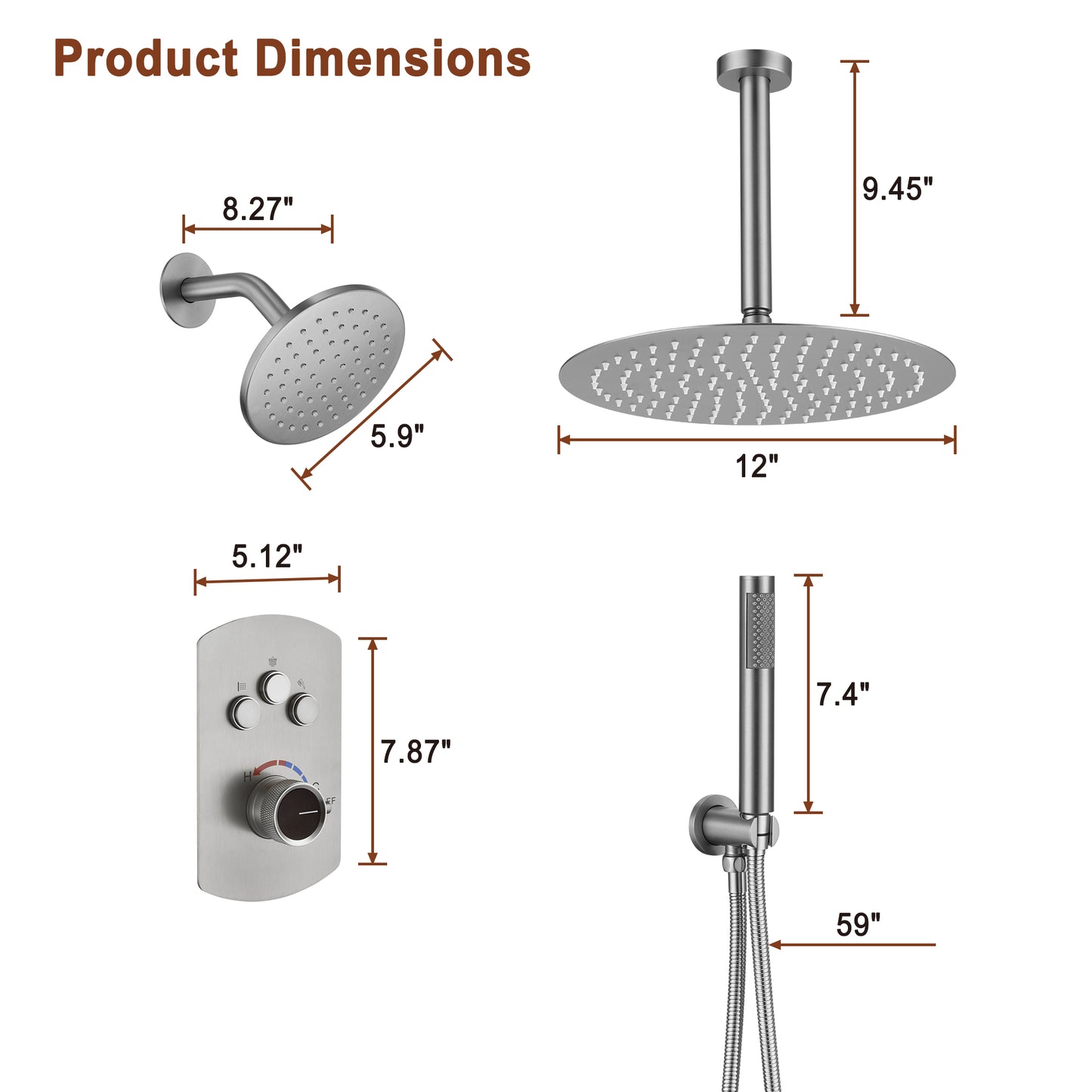 Mondawe Pressure Balanced 3-Spray Patterns 12 in. Ceiling Mounted Rainfall Dual Shower Heads with Handheld