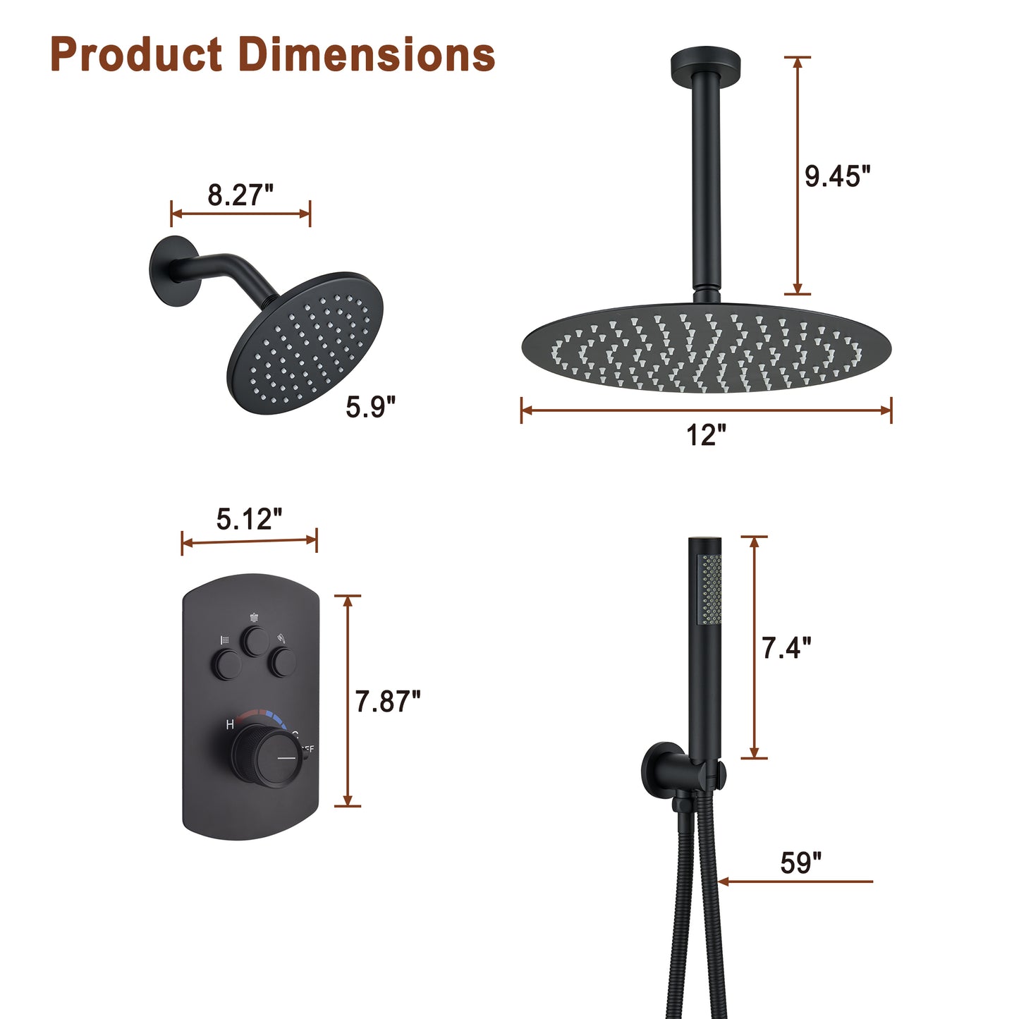 Mondawe Pressure Balanced 3-Spray Patterns 12 in. Ceiling Mounted Rainfall Dual Shower Heads with Handheld