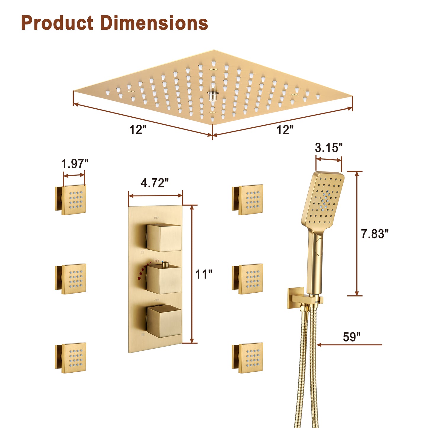 Mondawe Luxury Thermostatic LED 4-Spray Patterns 12 in. Flush Ceiling Mount Rainfall Dual Shower Heads