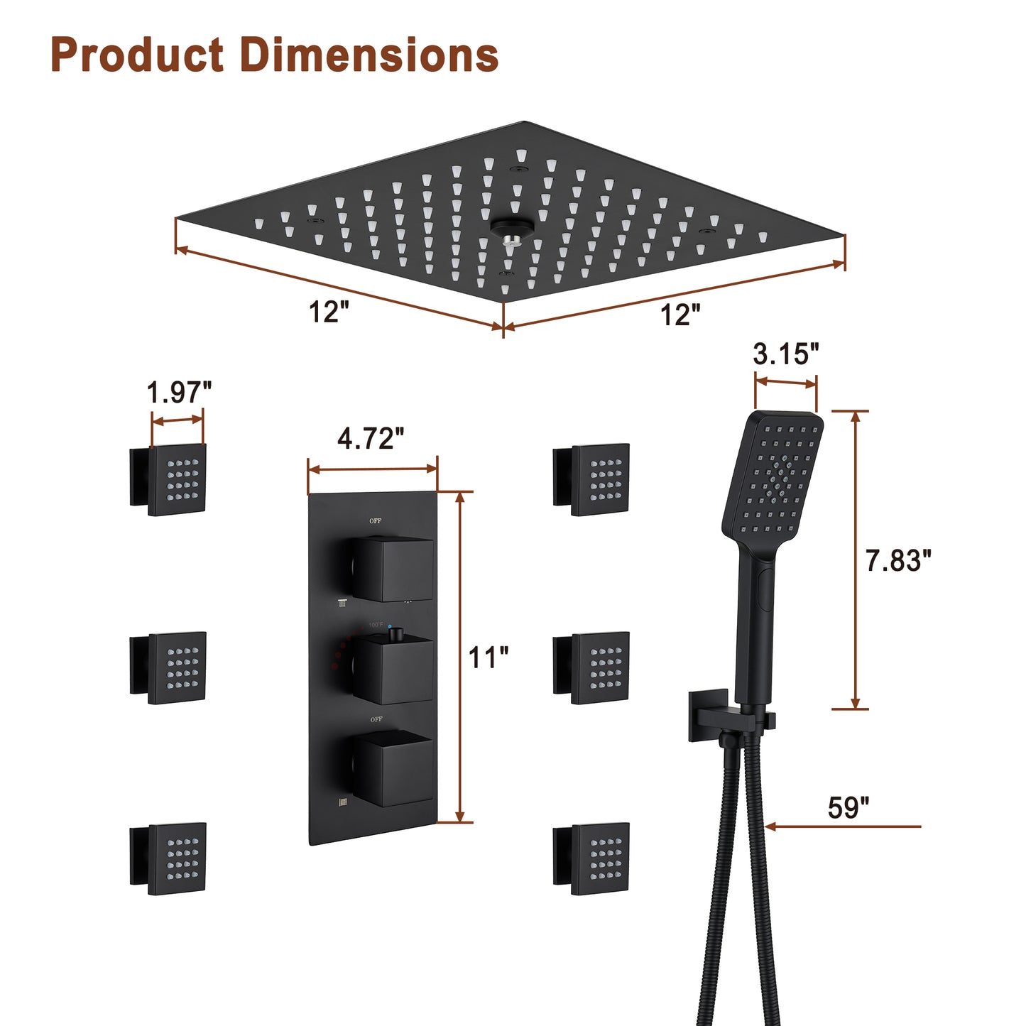 Mondawe Luxury Thermostatic LED 4-Spray Patterns 12 in. Flush Ceiling Mount Rainfall Dual Shower Heads