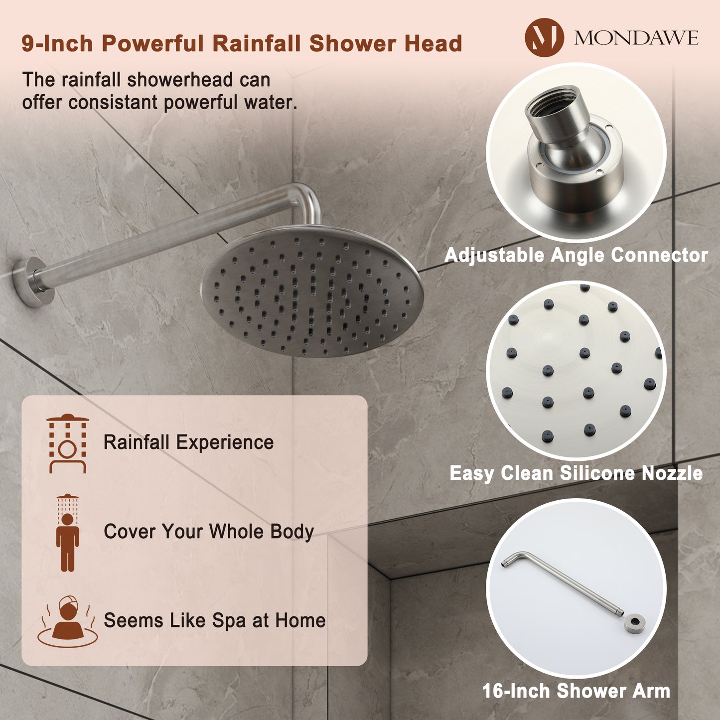 Mondawe Retro Series 2-Spray Patterns with 1.8 GPM 9 in. Rain Wall Mount Dual Shower Heads with Handheld and Spout in Brushed Nickel/ Black/ Bronze/Brushed Gold