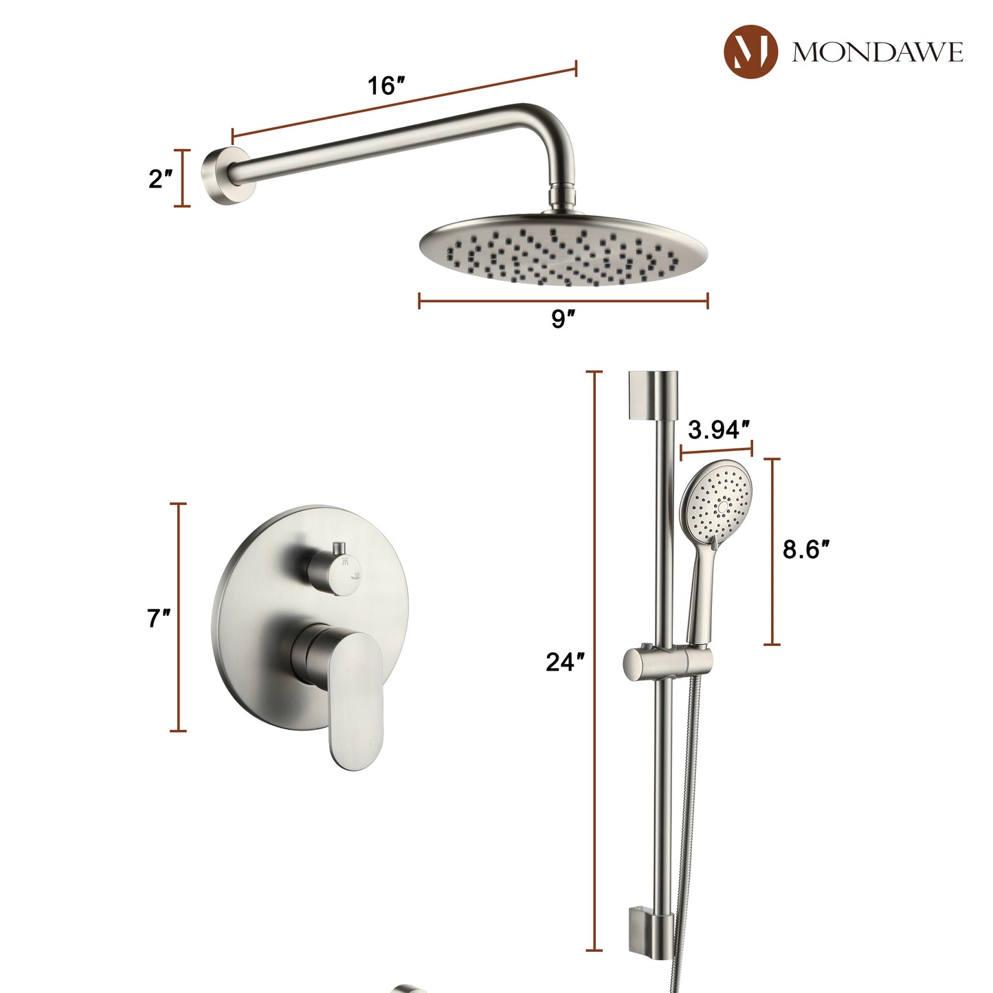 Mondawe Retro Series 2-Spray Patterns with 1.8 GPM 9 in. Rain Wall Mount Dual Shower Heads with Handheld and Spout in Brushed Nickel/ Black/ Bronze/Brushed Gold