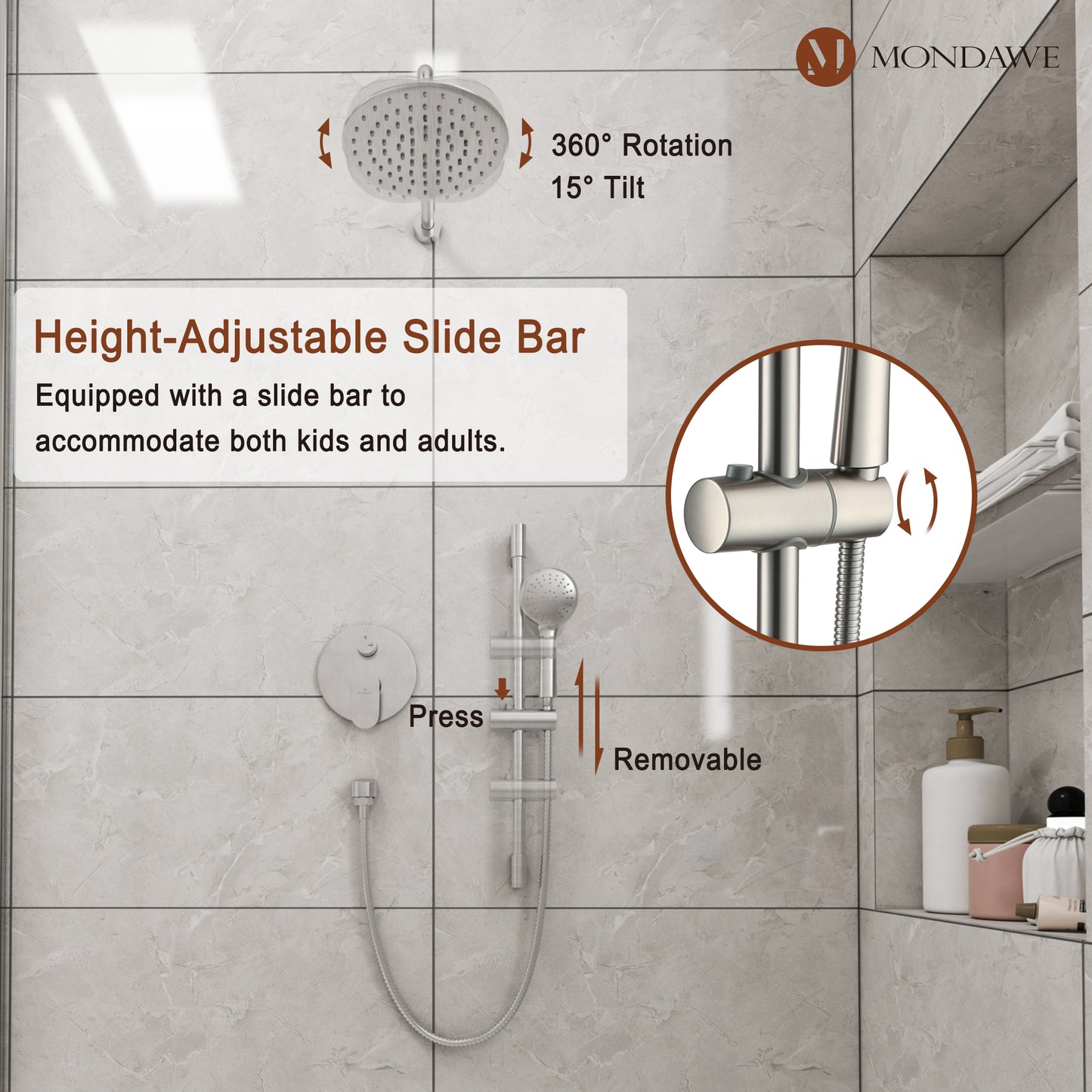 Mondawe Retro Series 2-Spray Patterns with 1.8 GPM 9 in. Rain Wall Mount Dual Shower Heads with Handheld and Spout in Brushed Nickel/ Black/ Bronze/Brushed Gold